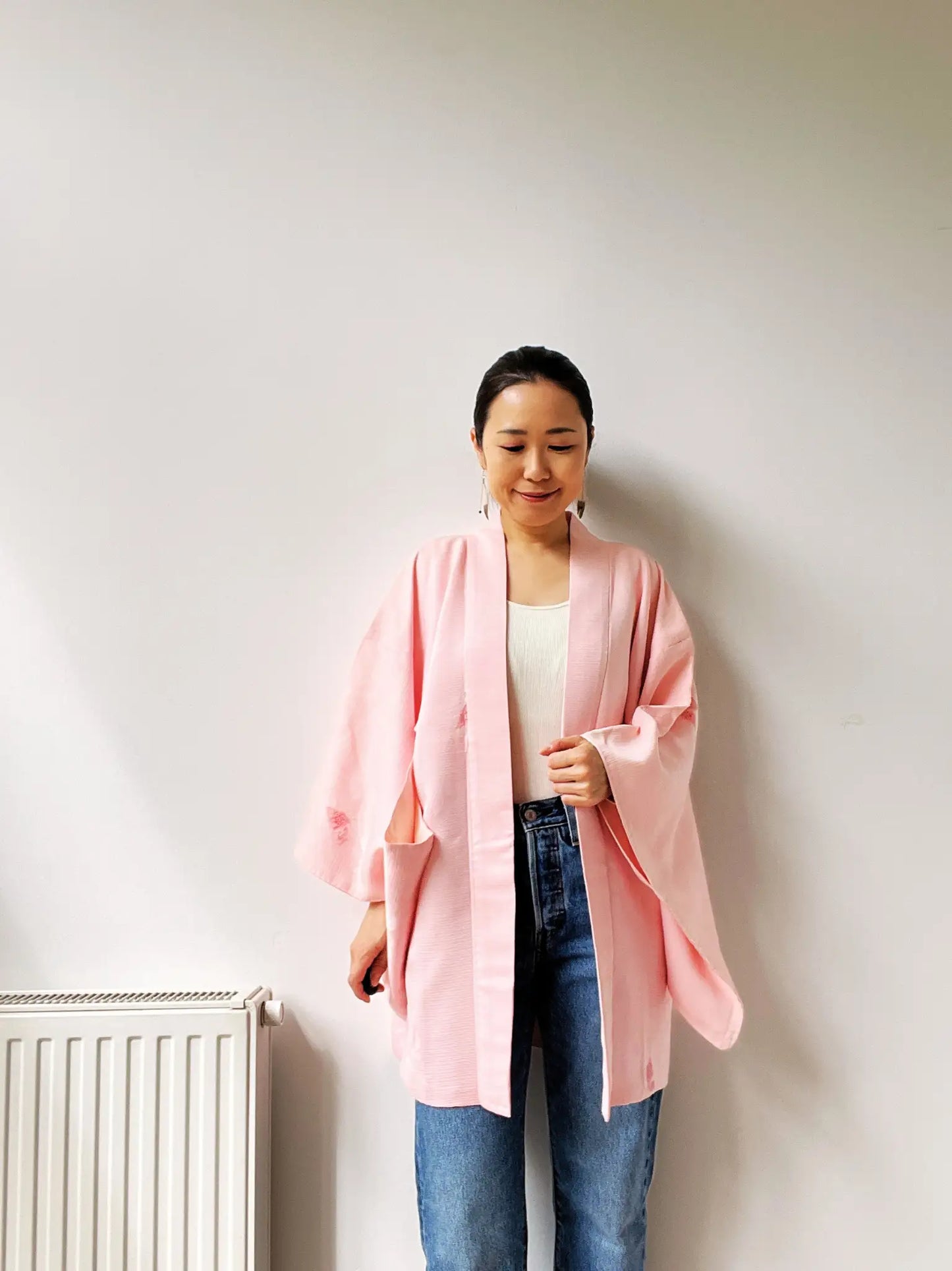 Vintage Color Haori - Light pink with red butterflies -