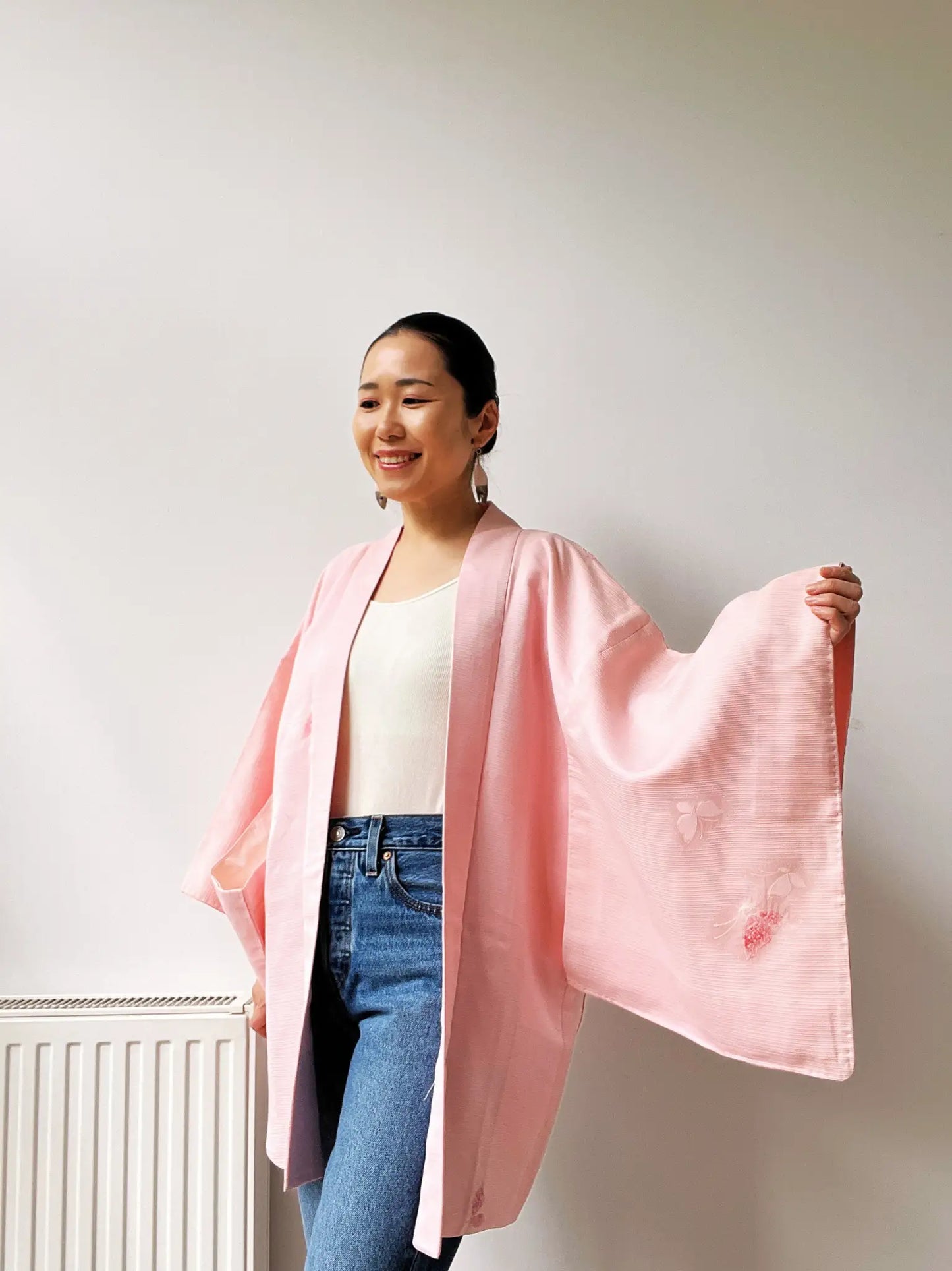 Vintage Color Haori - Light pink with red butterflies -