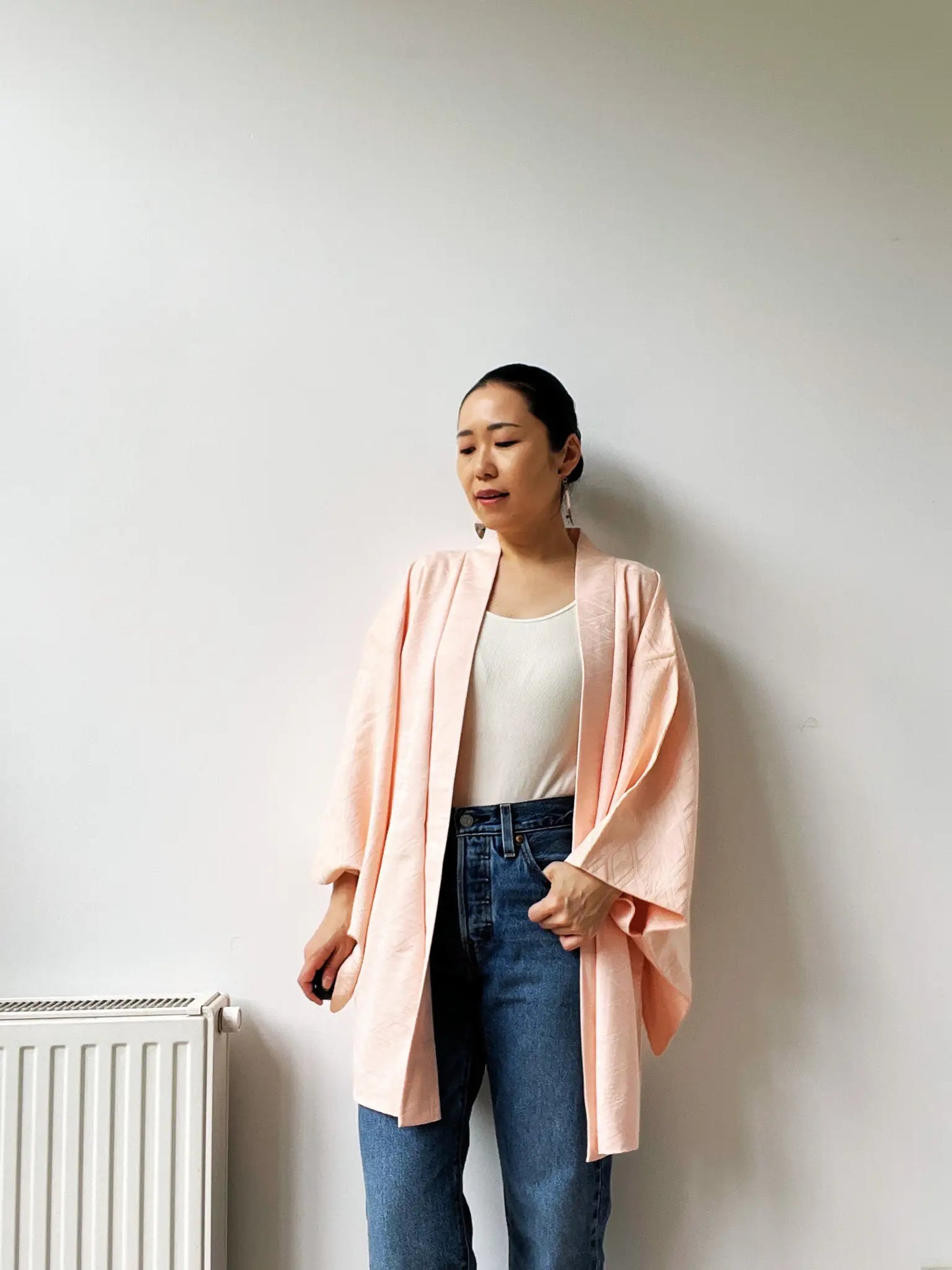 Vintage Color Haori - White-pink with diamond pattern -