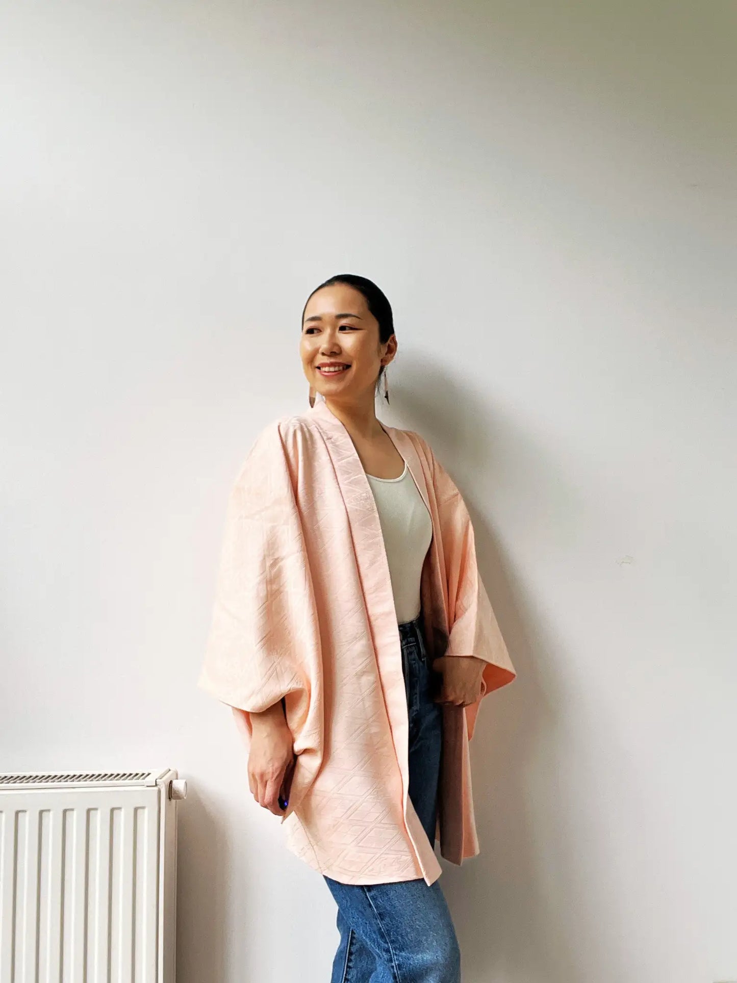 Vintage Color Haori - White-pink with diamond pattern -