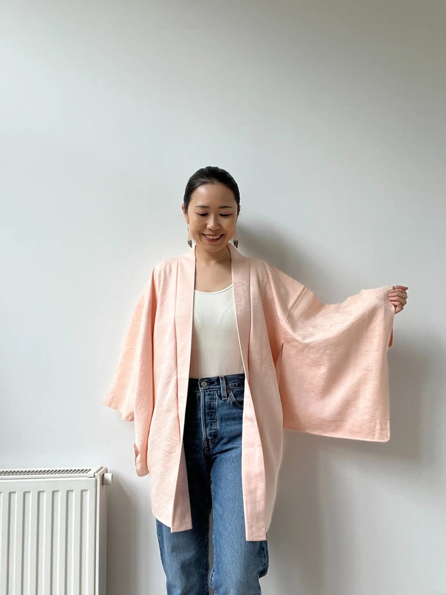 Vintage Color Haori - White-pink with diamond pattern -