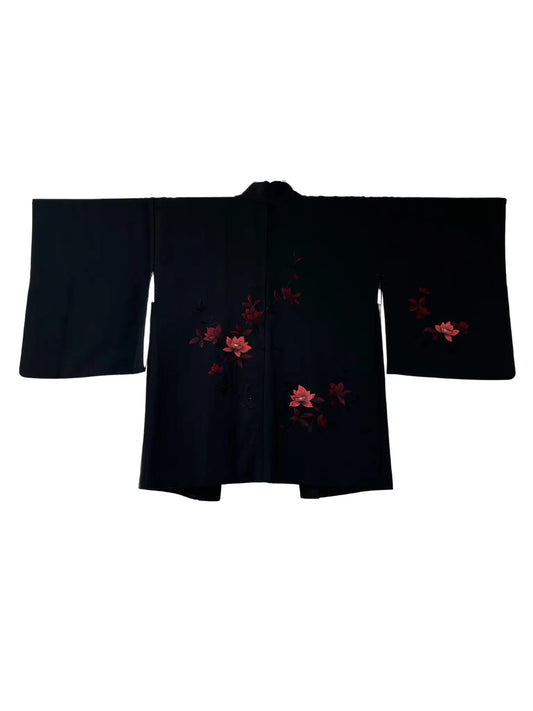 Vintage Black Haori - Dancing red flowers -