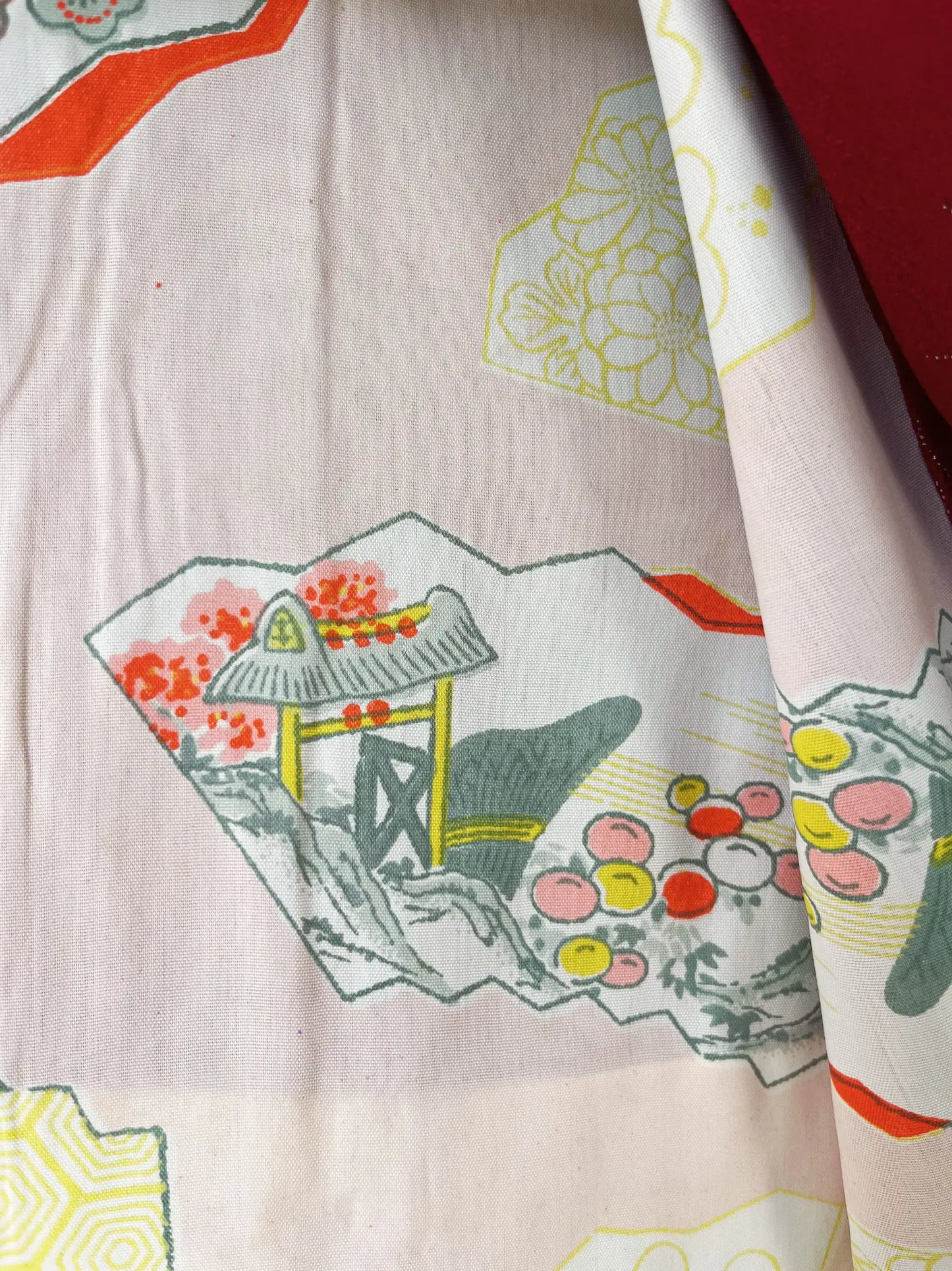 Vintage kleur Haori - Rode waaier met Sho-tiku-bai -