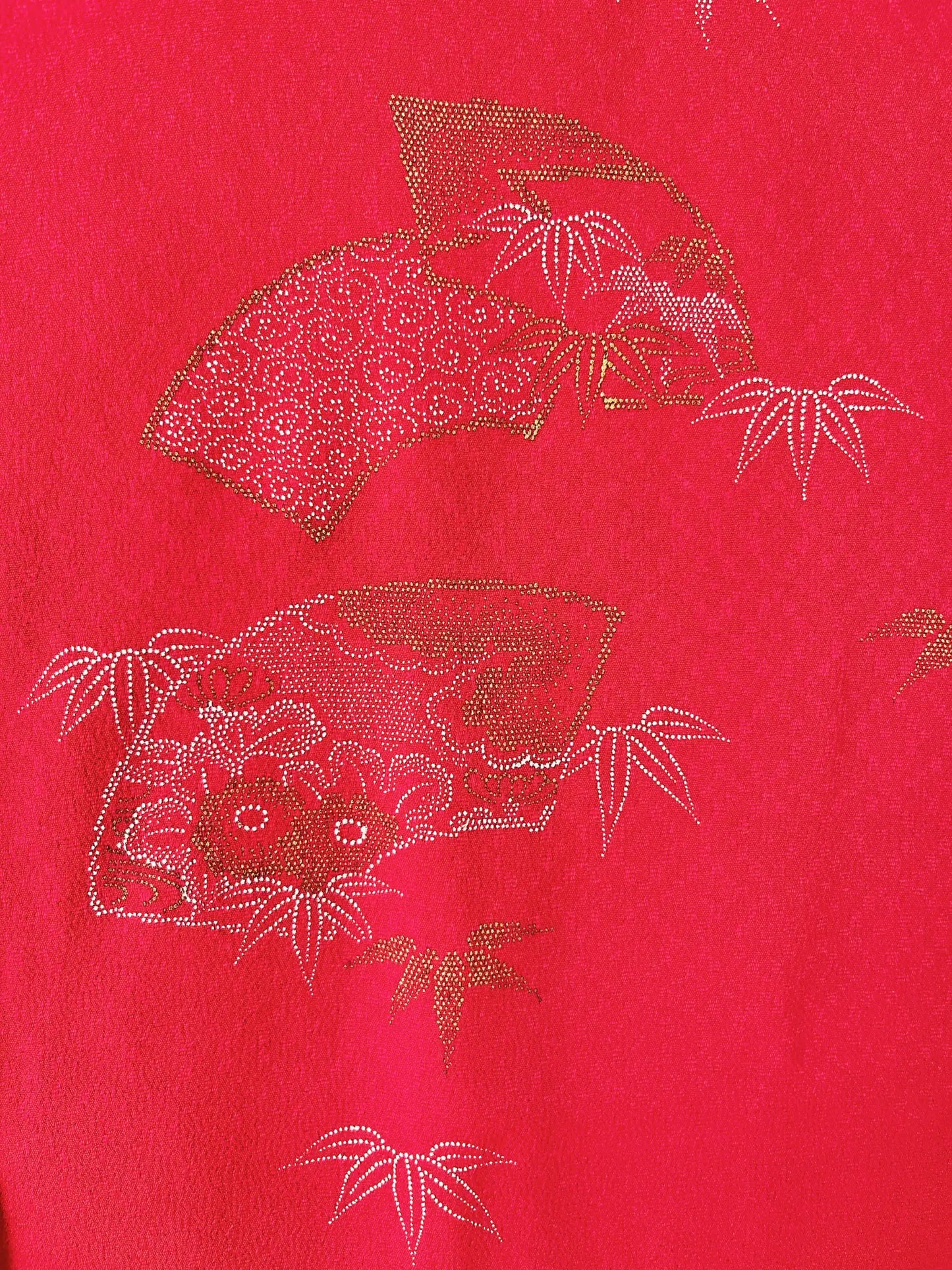 Vintage kleur Haori - Rode waaier met Sho-tiku-bai -