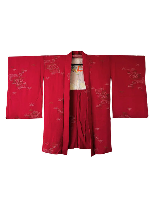 Vintage Color Haori - Red Fan with Sho-tiku-bai -