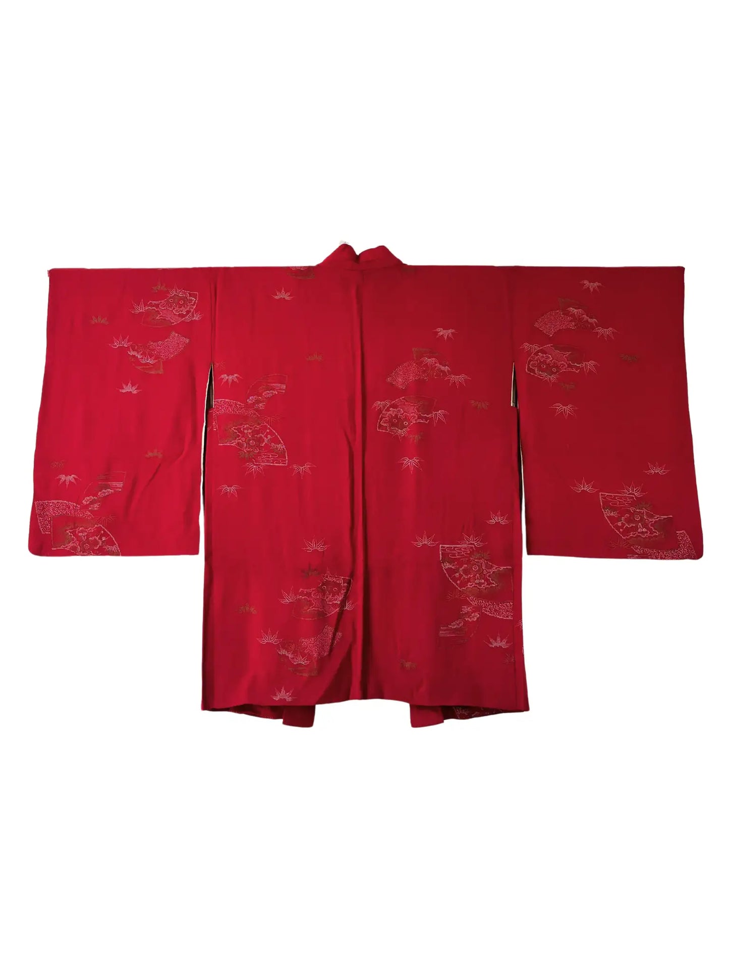 Vintage kleur Haori - Rode waaier met Sho-tiku-bai -