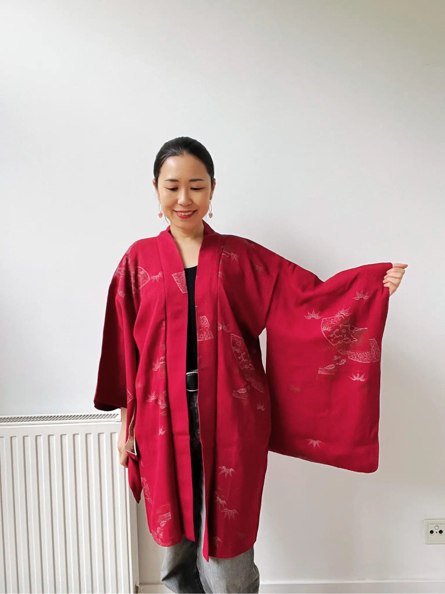 Vintage kleur Haori - Rode waaier met Sho-tiku-bai -
