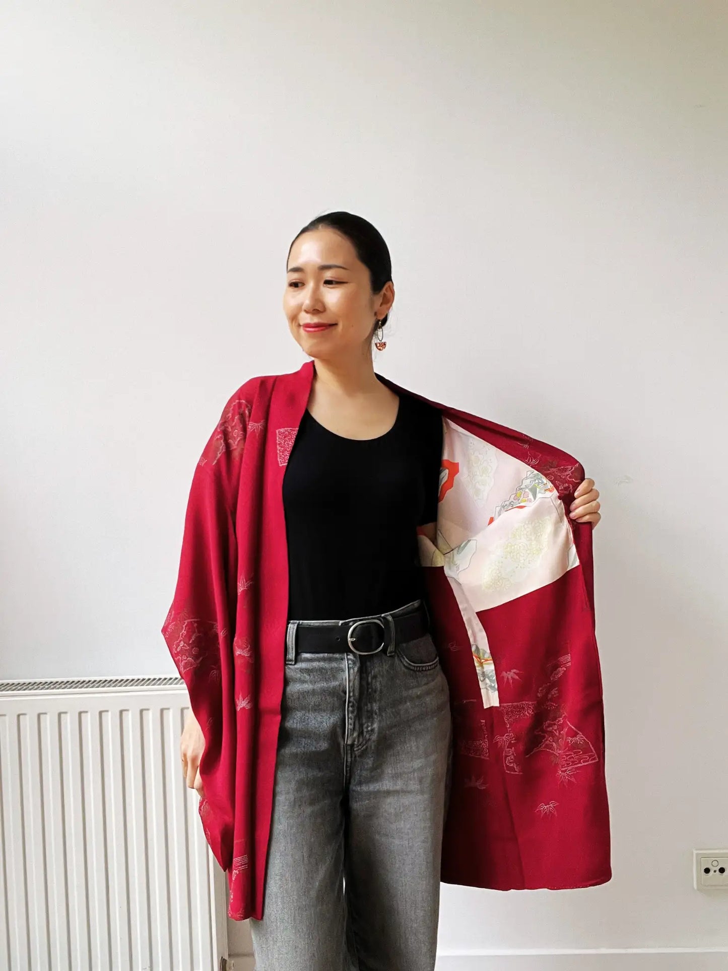Vintage kleur Haori - Rode waaier met Sho-tiku-bai -