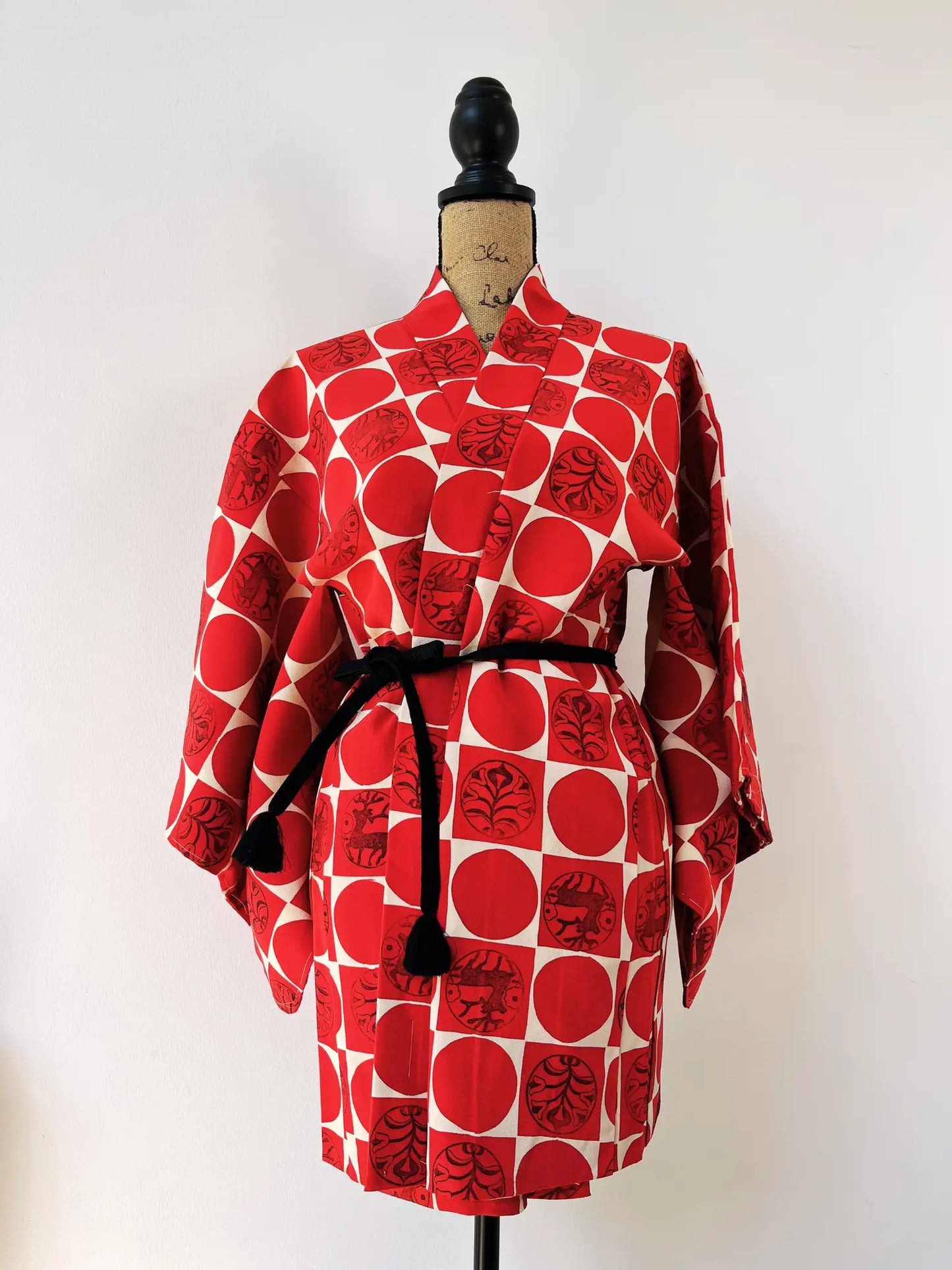Vintage kleur Haori - Rood en wit met rendierpatroon -