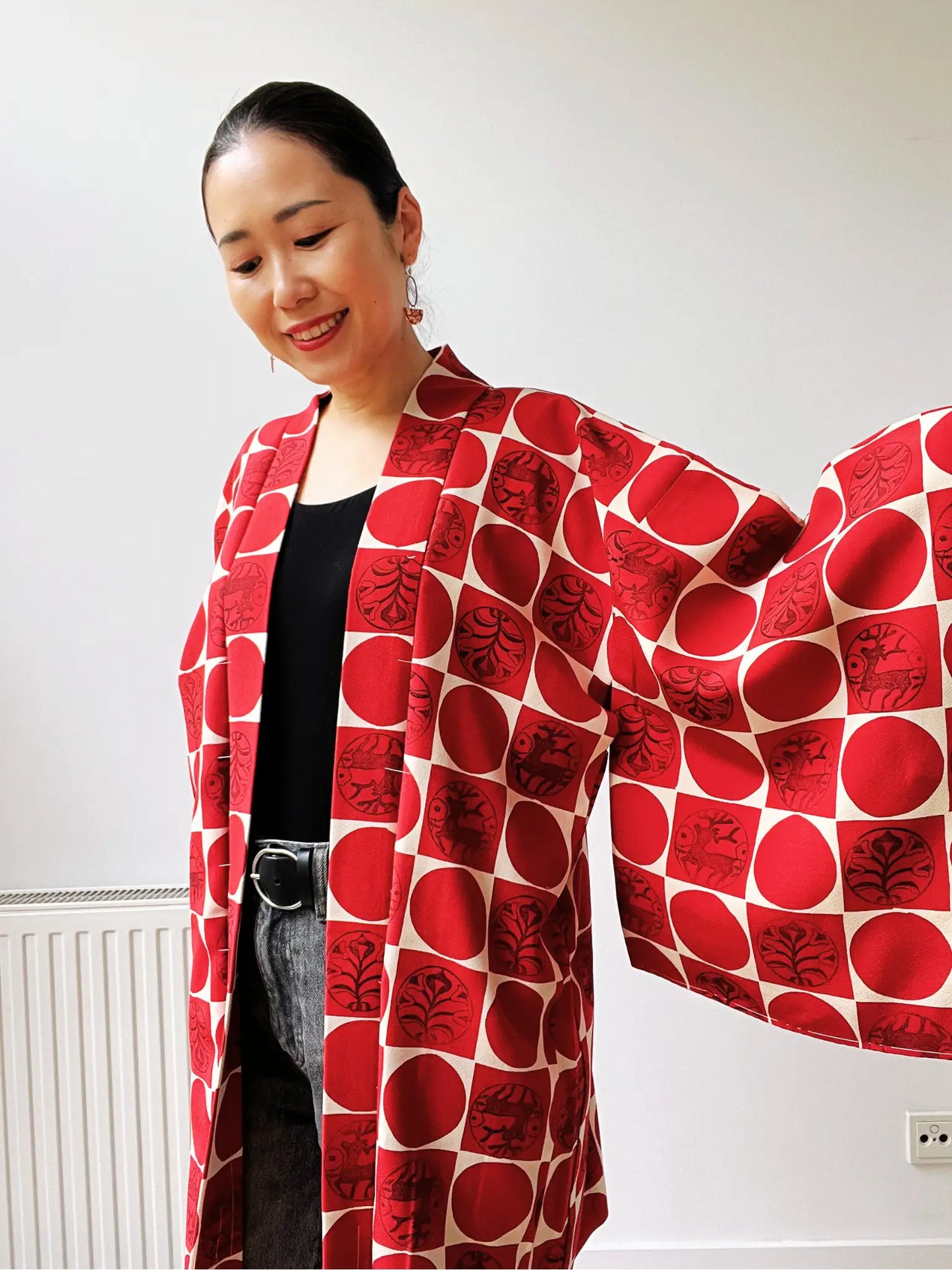 Vintage kleur Haori - Rood en wit met rendierpatroon -