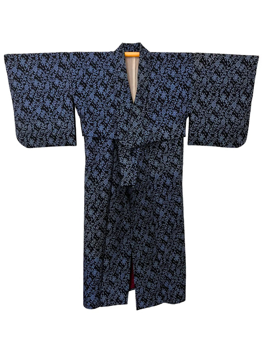 kimono tsumugi vintage - Fleurs marine en tissage - Arrangement original Hallelujah