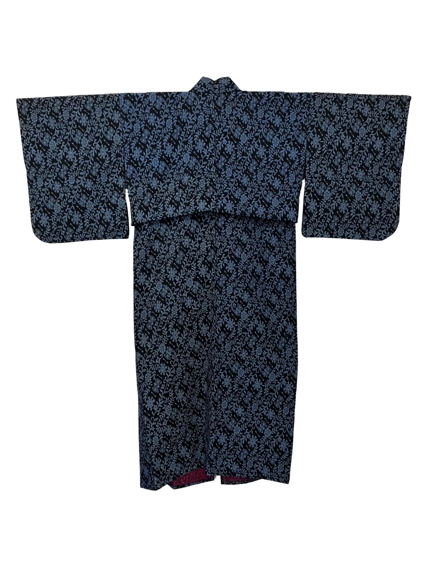 Vintage Tsumugi-Kimono – Marineblaue Blumen im Webmuster – Halleluja, original arrangiert