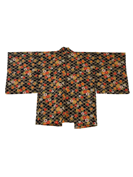 Vintage  Haori - Black Full bloom of flowers. -