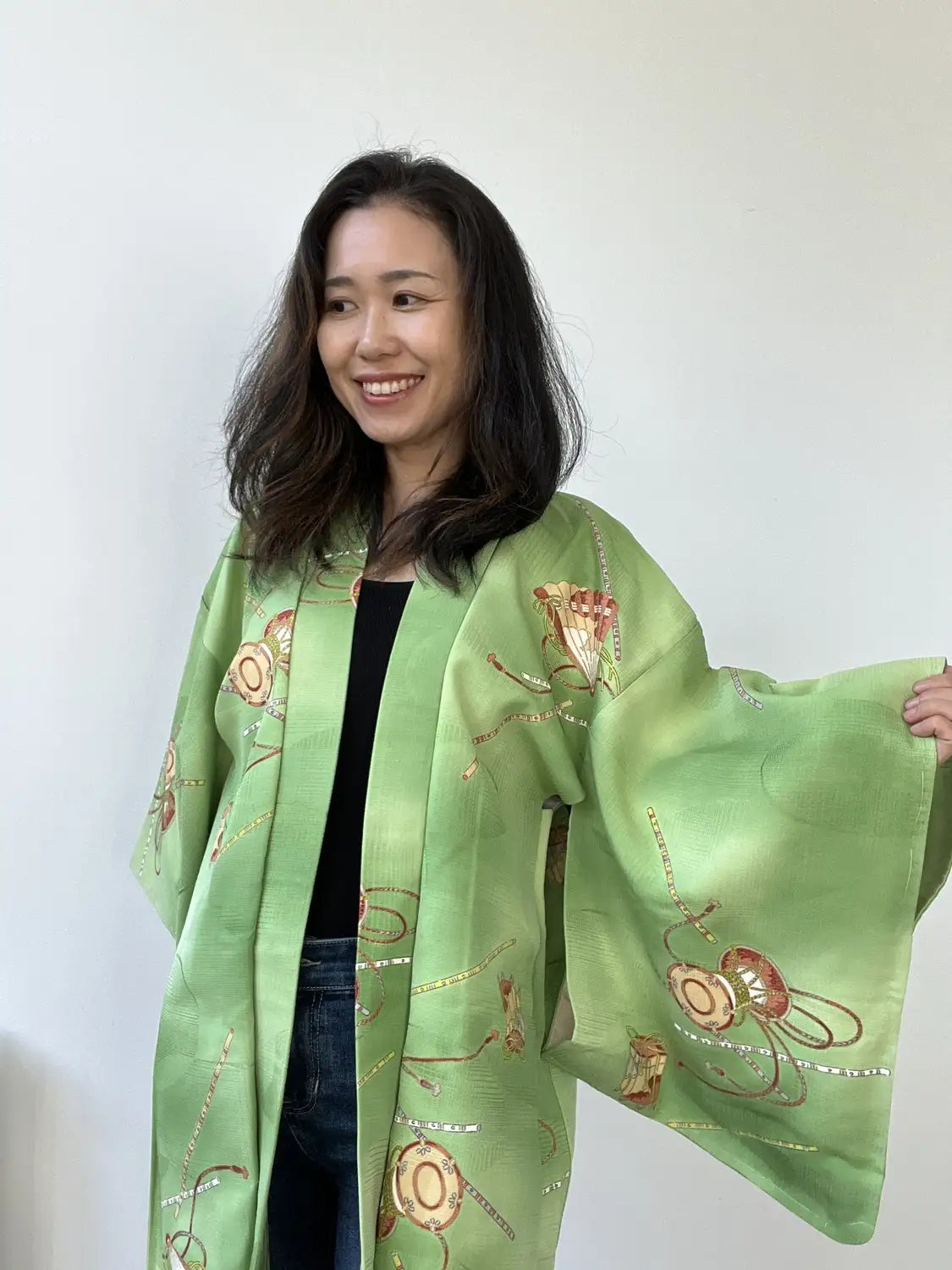 Vintage kleur Haori - Groene Tsuzumi muziekinstrument -