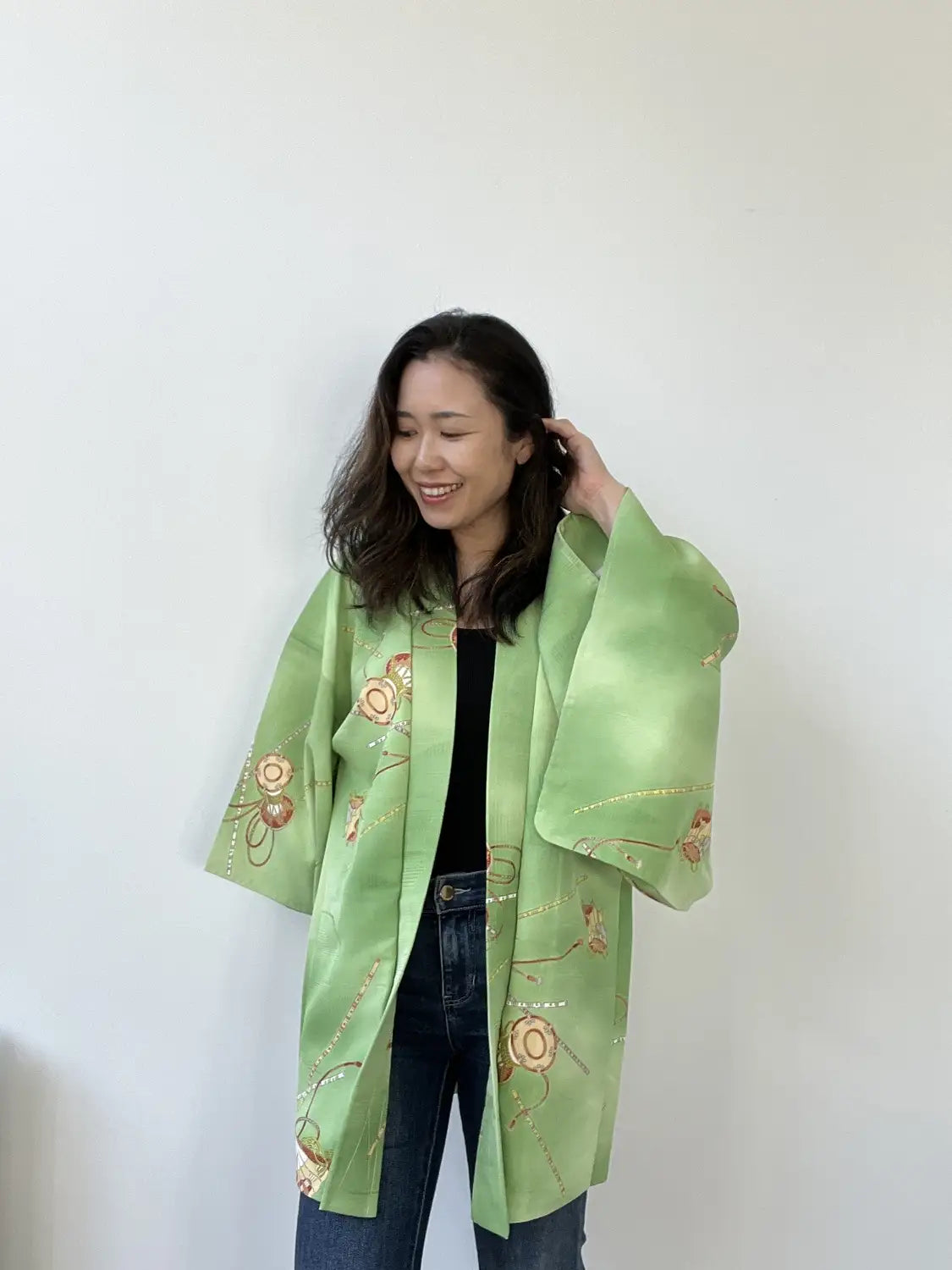 Vintage kleur Haori - Groene Tsuzumi muziekinstrument -