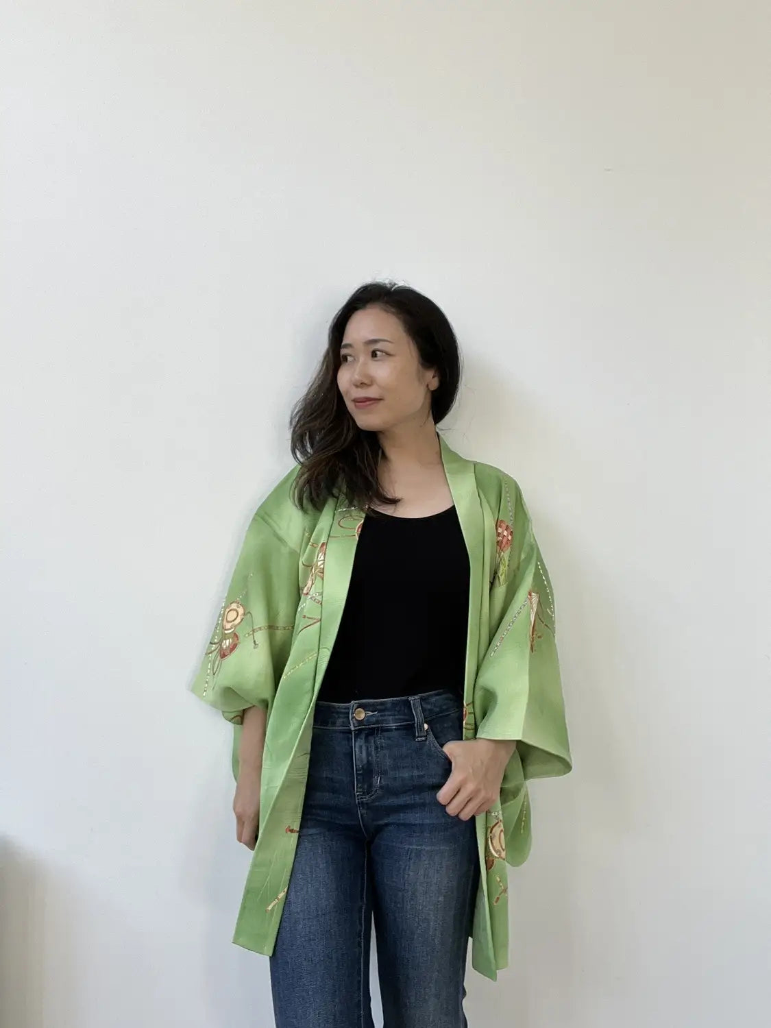 Vintage kleur Haori - Groene Tsuzumi muziekinstrument -