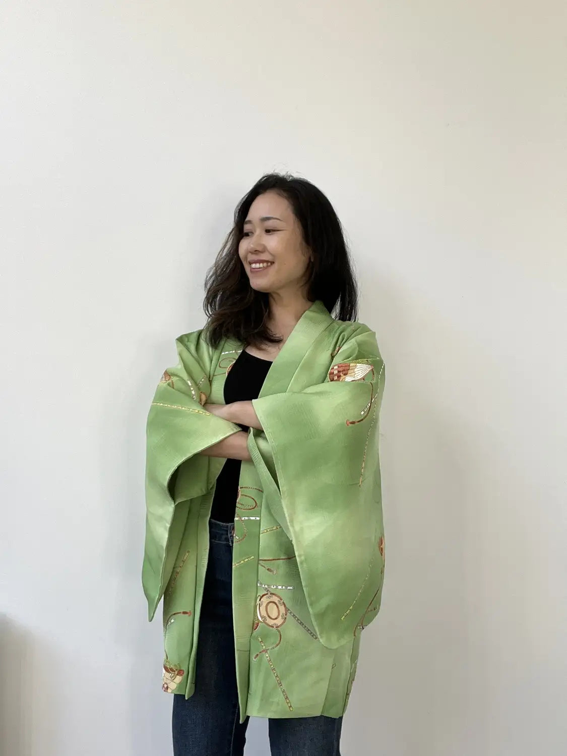 Vintage kleur Haori - Groene Tsuzumi muziekinstrument -