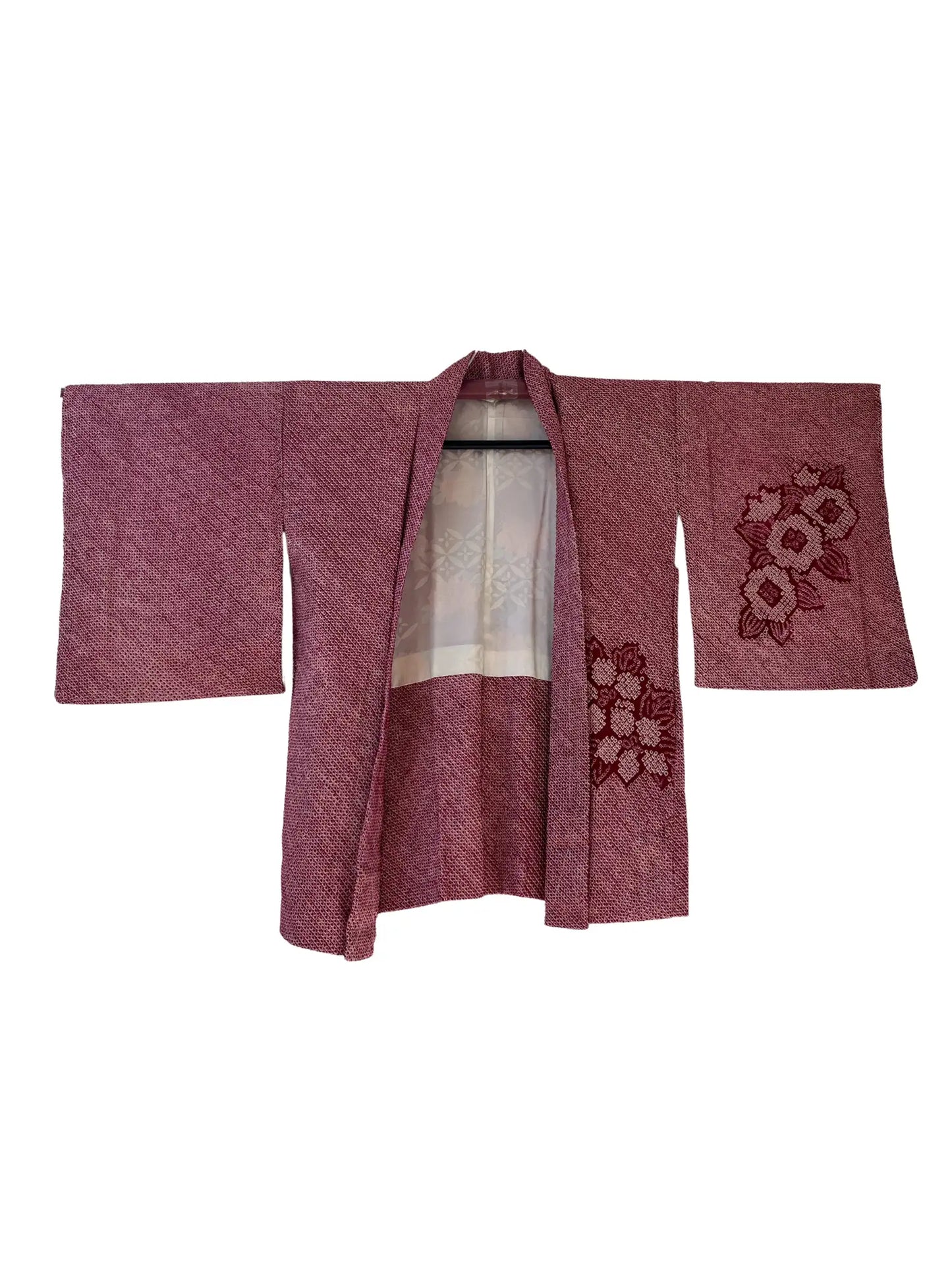 Vintage kleur Haori - Donkerrode bloem en blad -