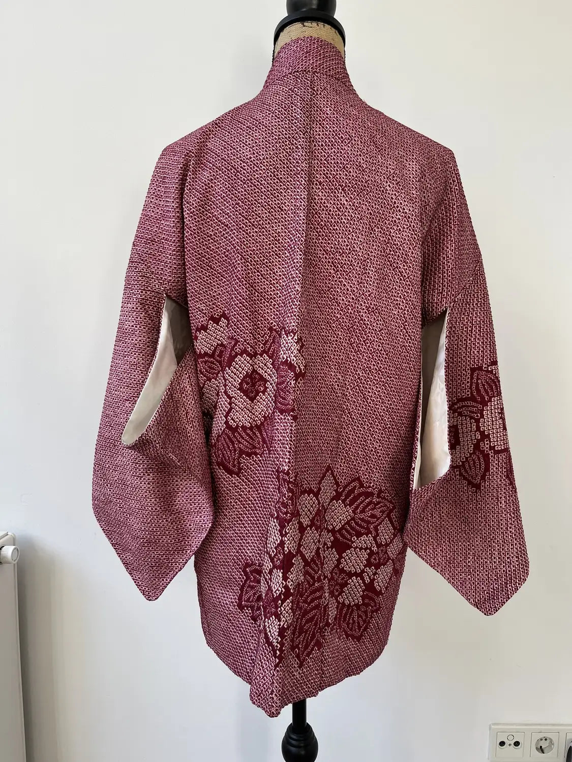 Vintage kleur Haori - Donkerrode bloem en blad -