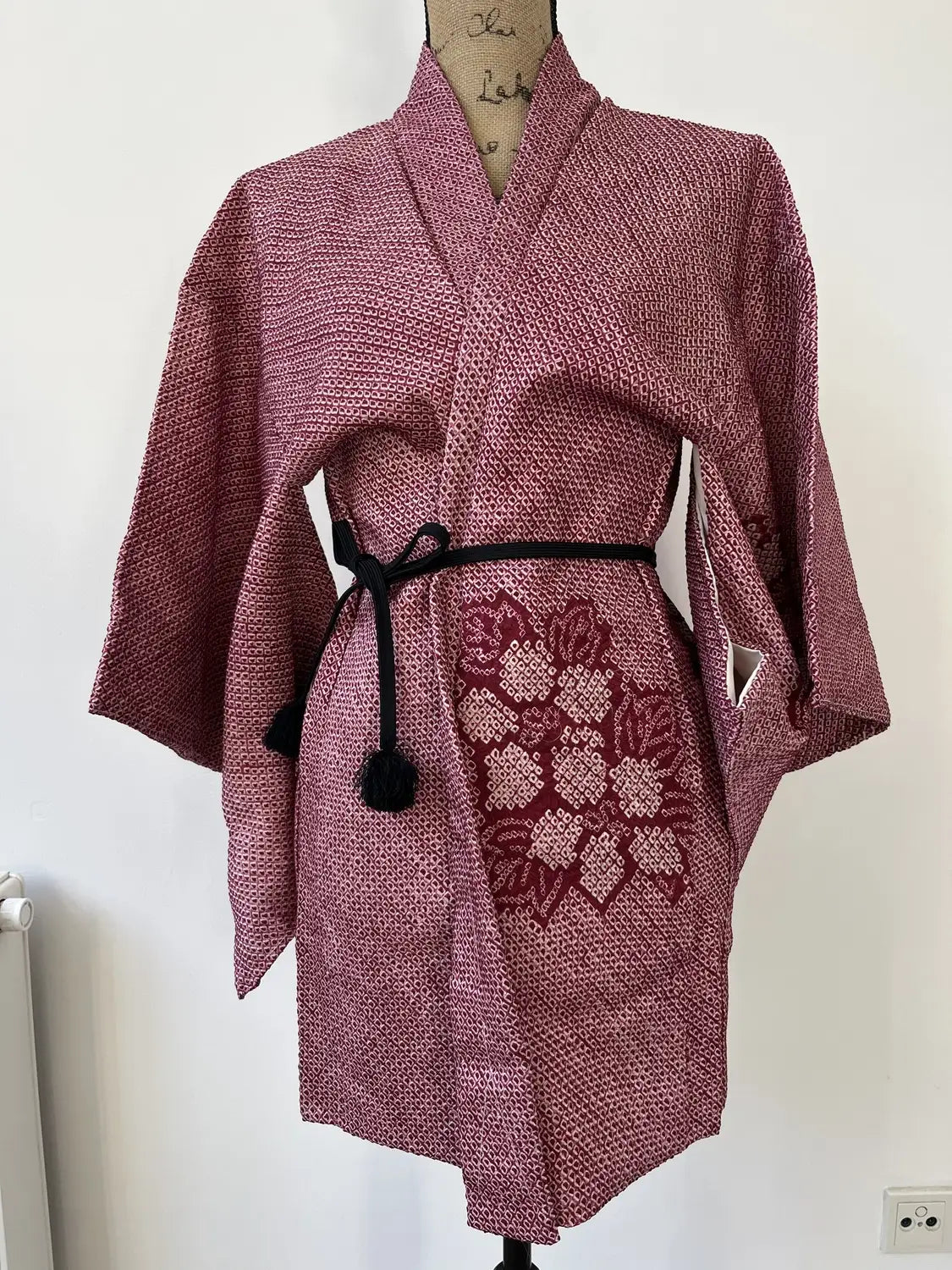 Vintage kleur Haori - Donkerrode bloem en blad -