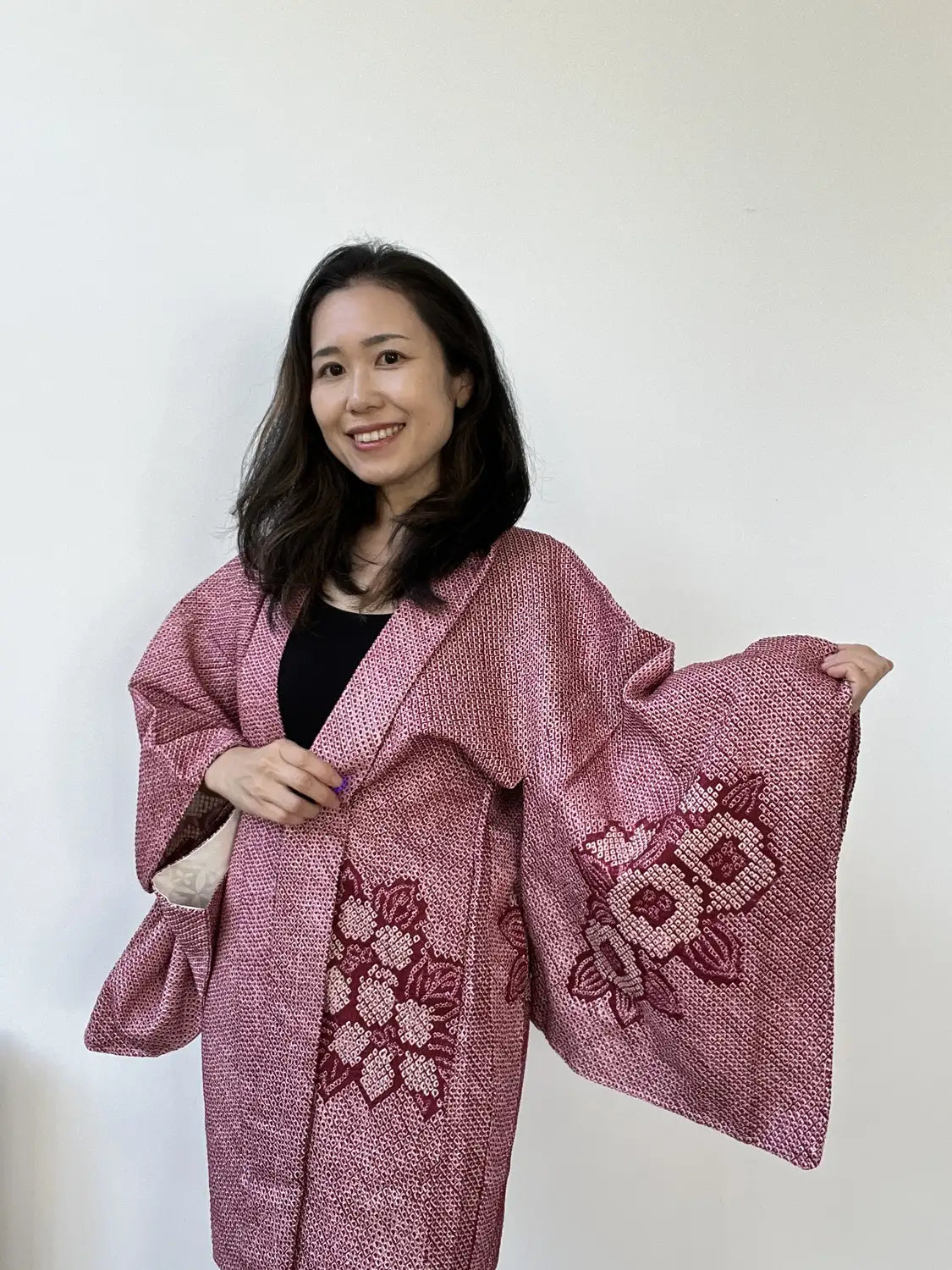 Vintage kleur Haori - Donkerrode bloem en blad -