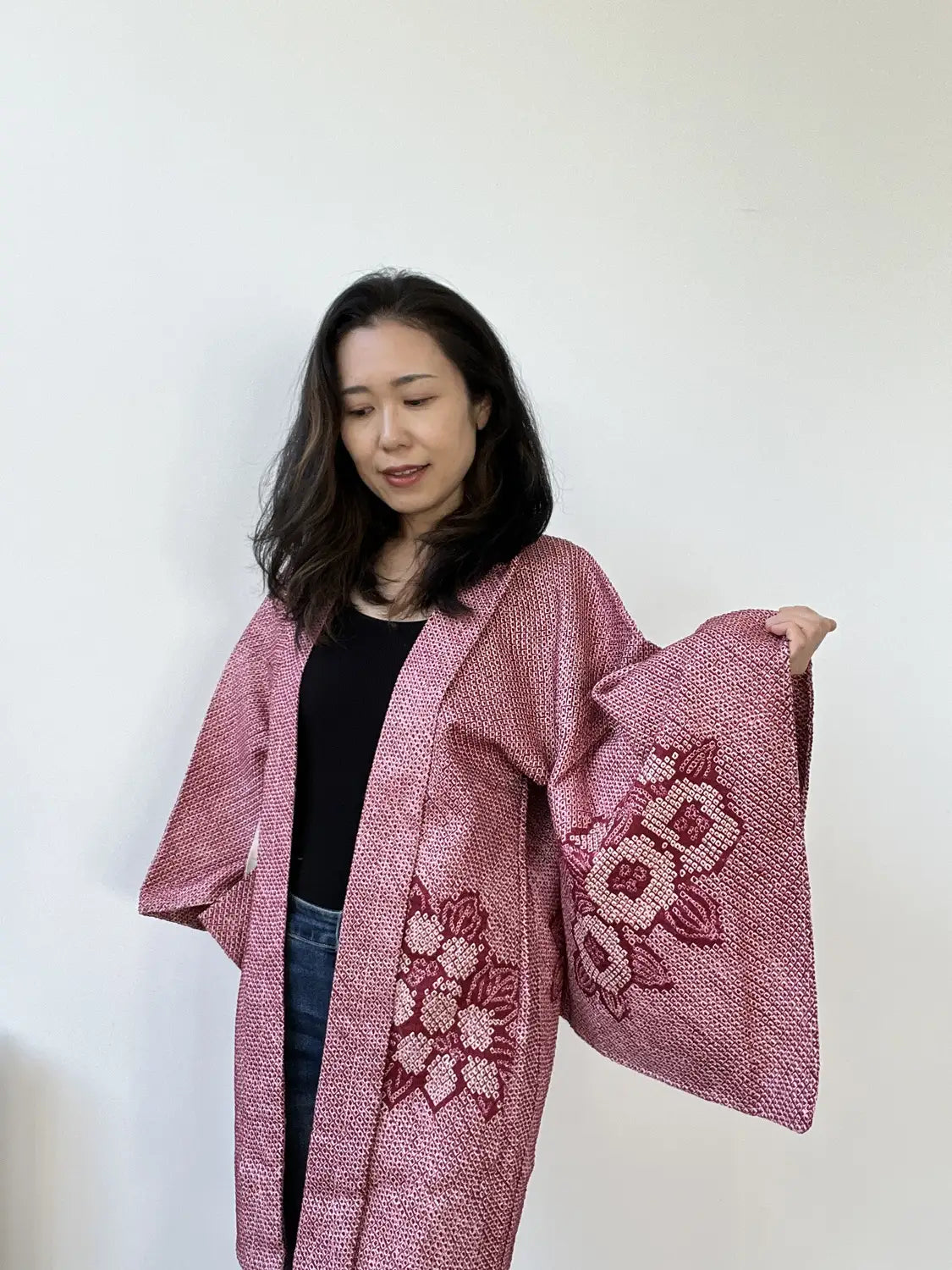 Vintage kleur Haori - Donkerrode bloem en blad -