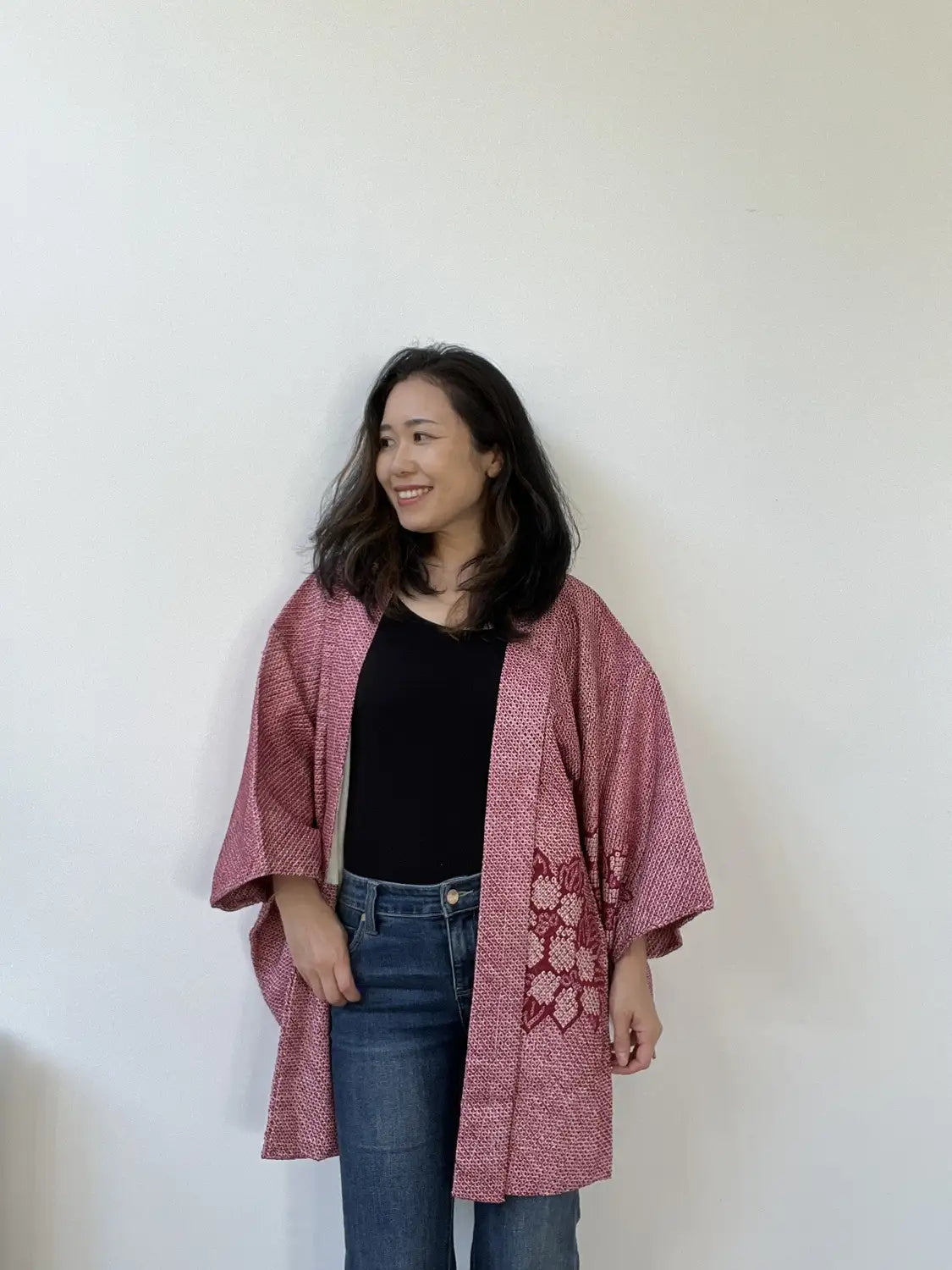 Vintage kleur Haori - Donkerrode bloem en blad -