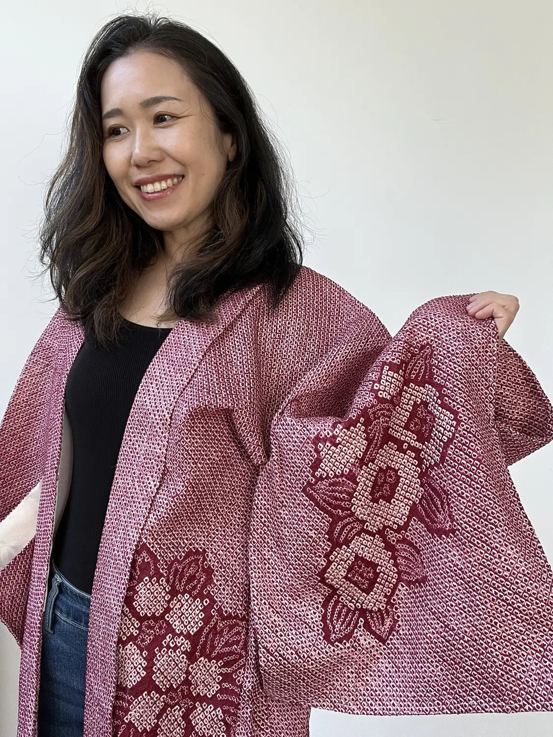 Vintage kleur Haori - Donkerrode bloem en blad -