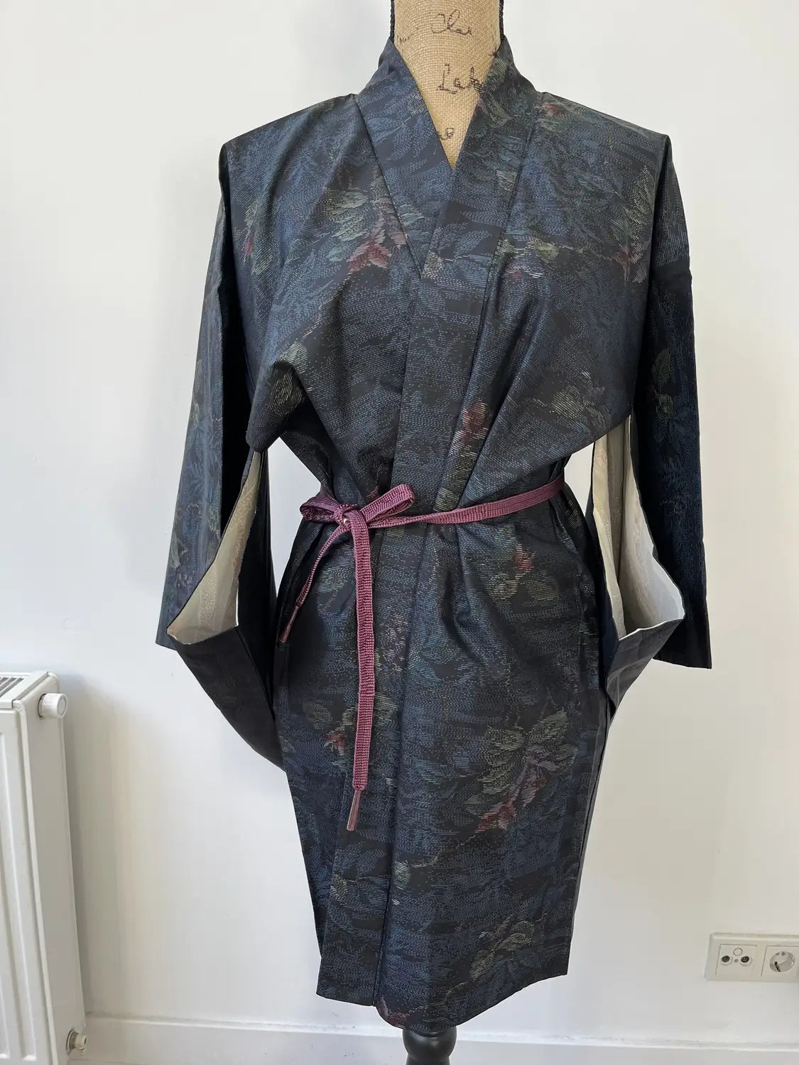 Vintage Tsumugi Haori -  Black and Blue Delicate flowers-