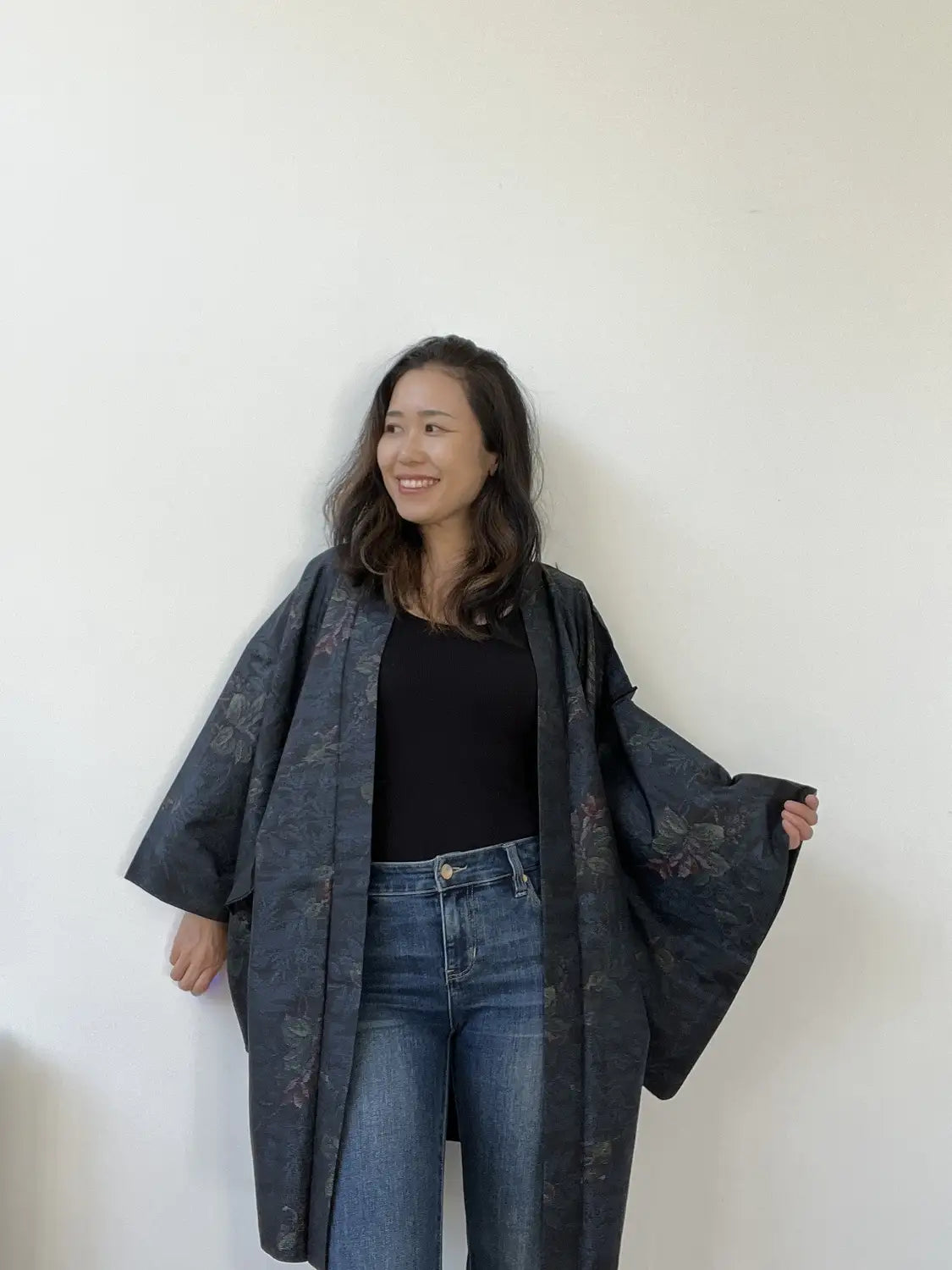 Vintage Tsumugi Haori -  Black and Blue Delicate flowers-