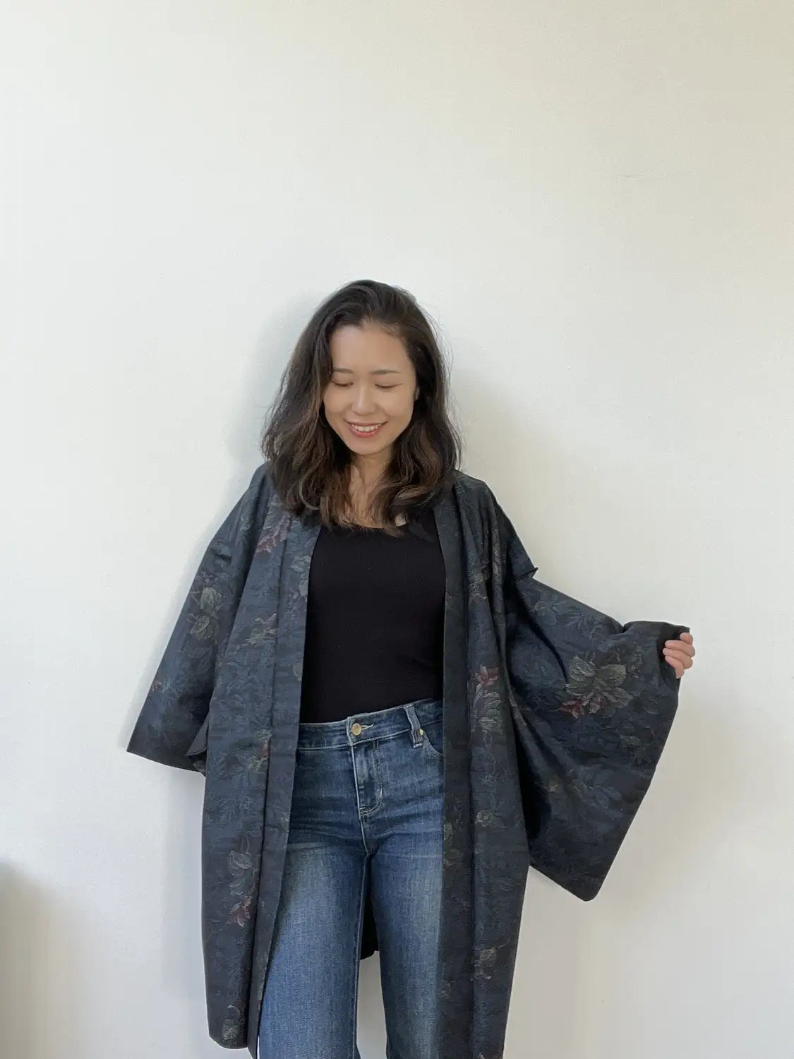 Vintage Tsumugi Haori -  Black and Blue Delicate flowers-