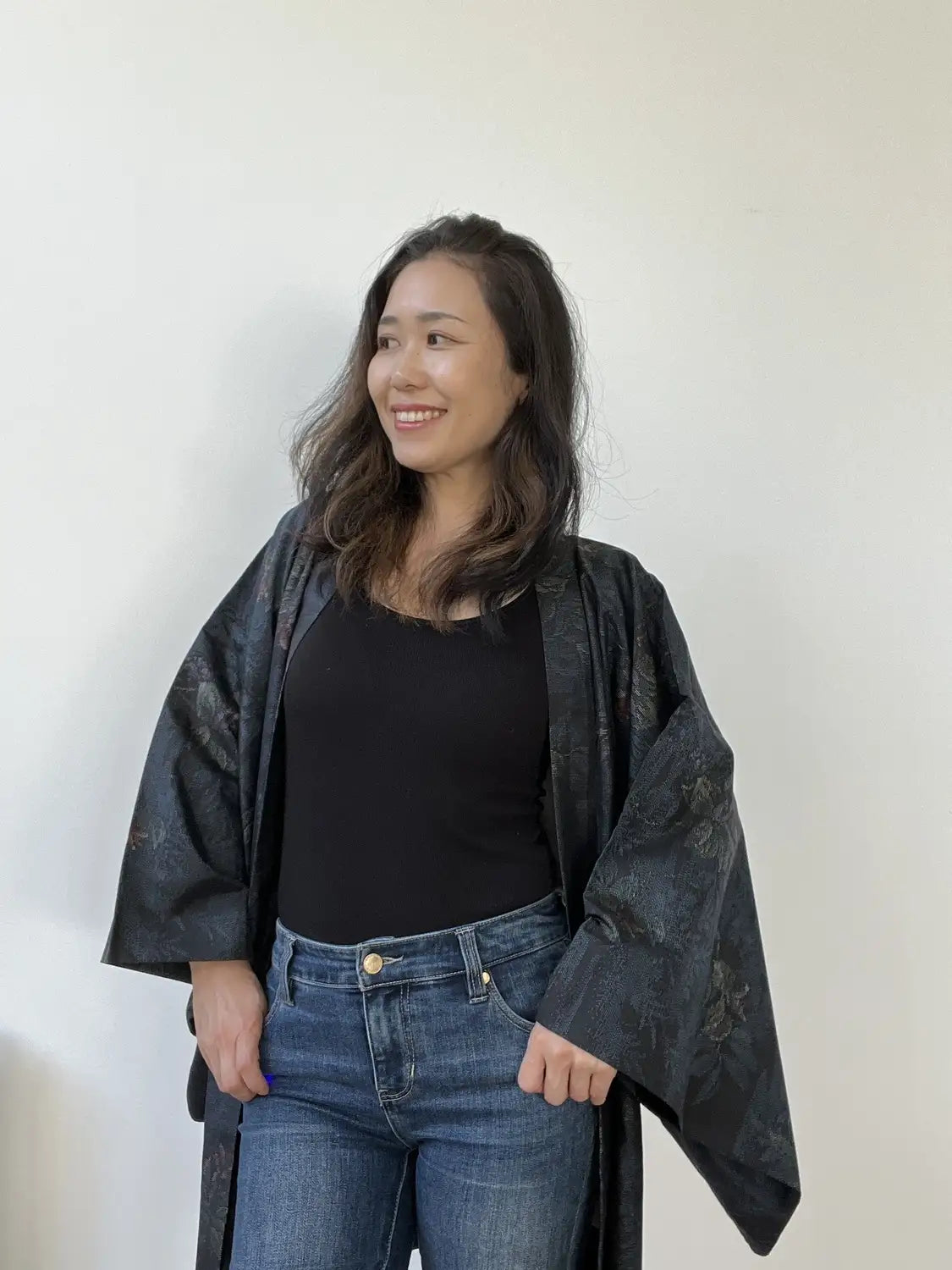 Vintage Tsumugi Haori -  Black and Blue Delicate flowers-