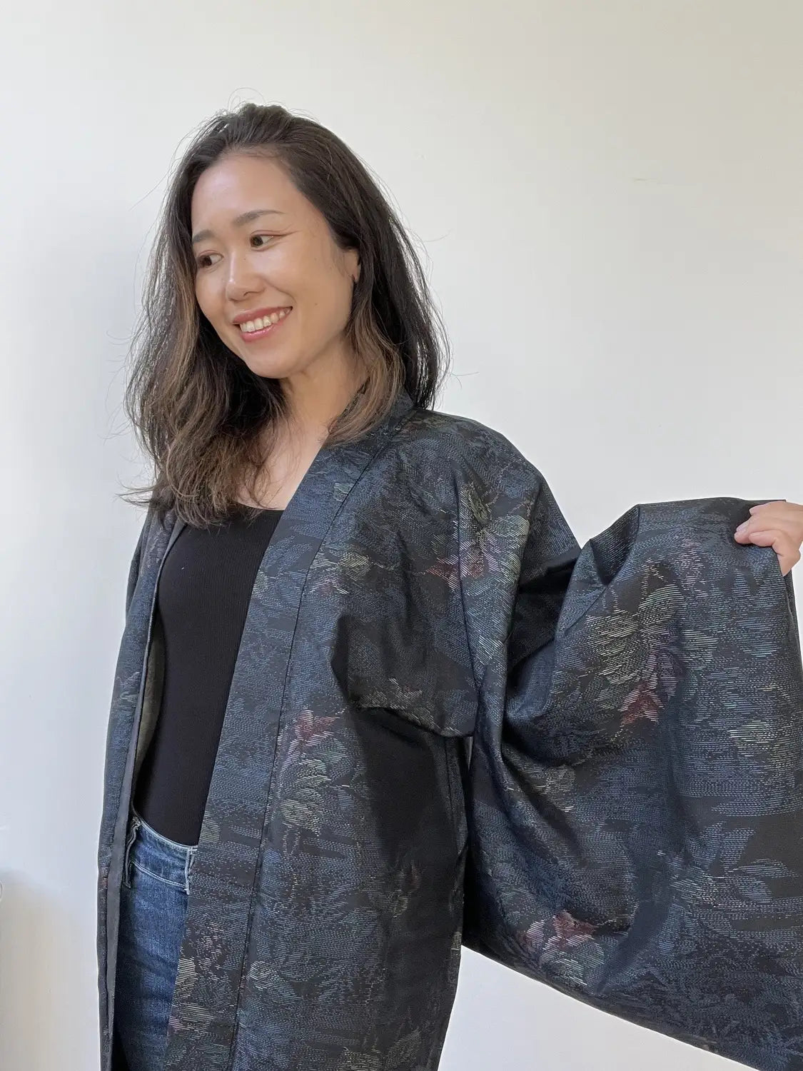 Vintage Tsumugi Haori -  Black and Blue Delicate flowers-