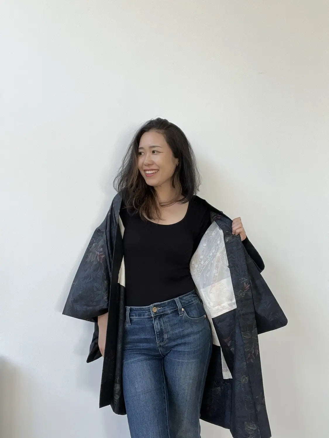 Vintage Tsumugi Haori -  Black and Blue Delicate flowers-