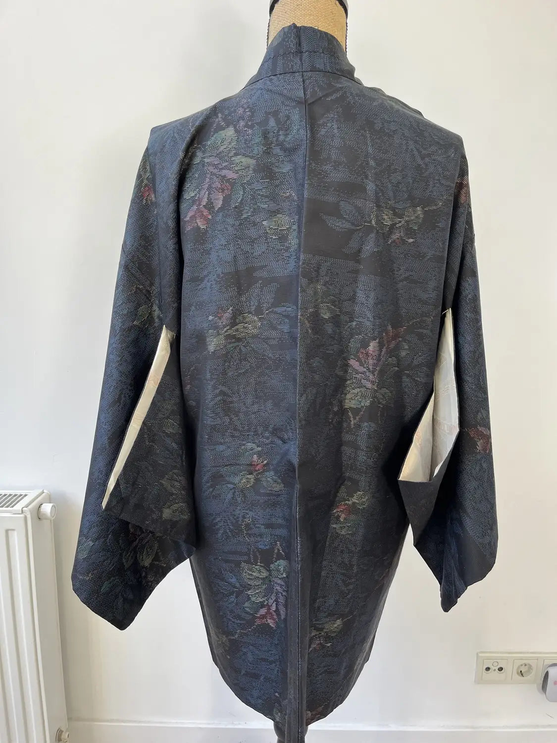 Vintage Tsumugi Haori -  Black and Blue Delicate flowers-