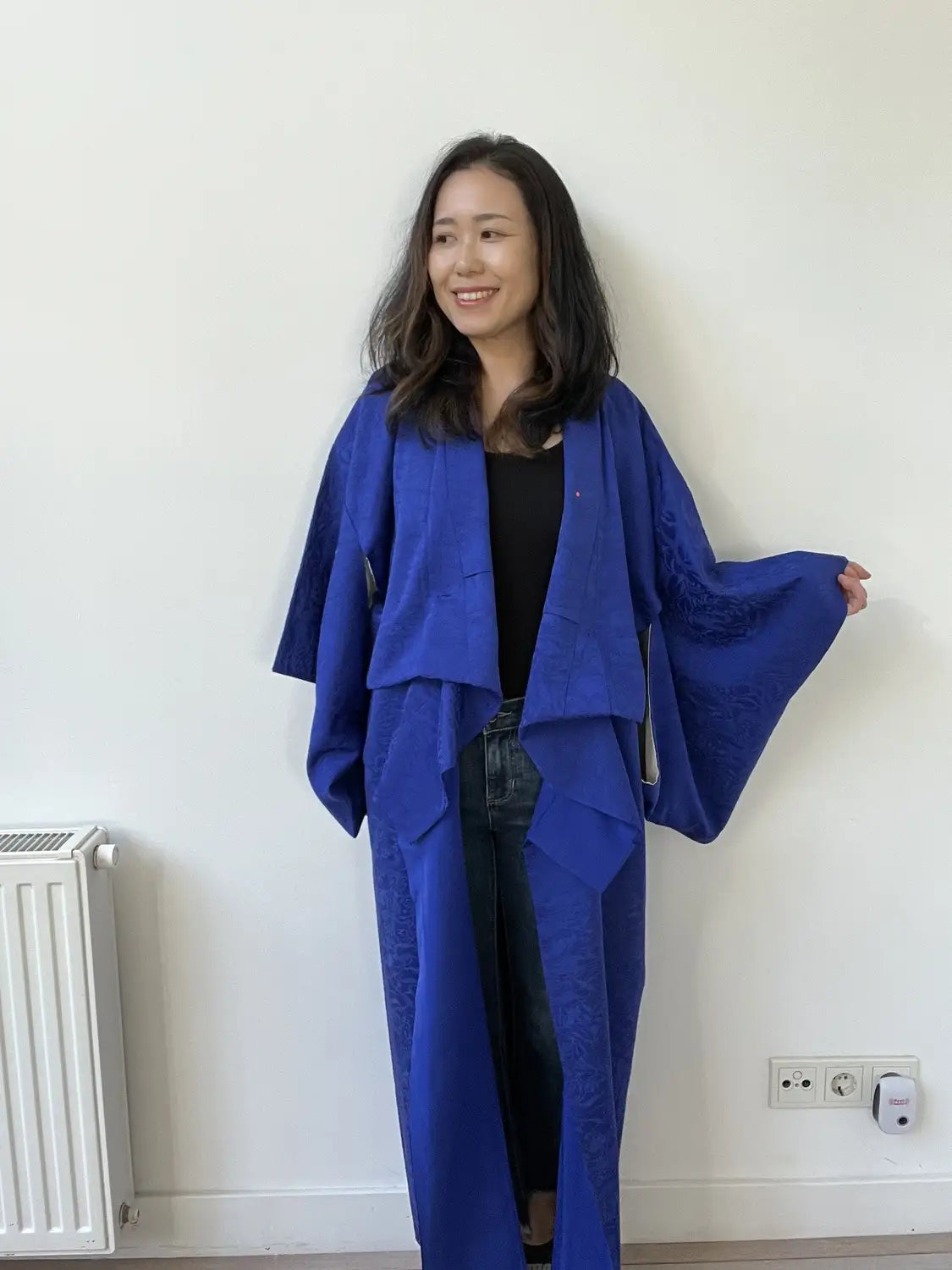 Vintage Iromuji-Kimono - Tiefblaues botanisches Blatt - Halleluja original arrangiert