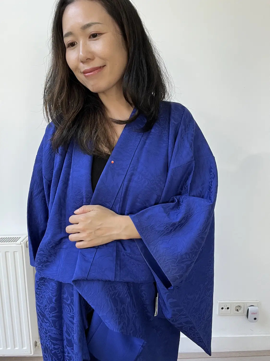 Vintage Iromuji-Kimono - Tiefblaues botanisches Blatt - Halleluja original arrangiert