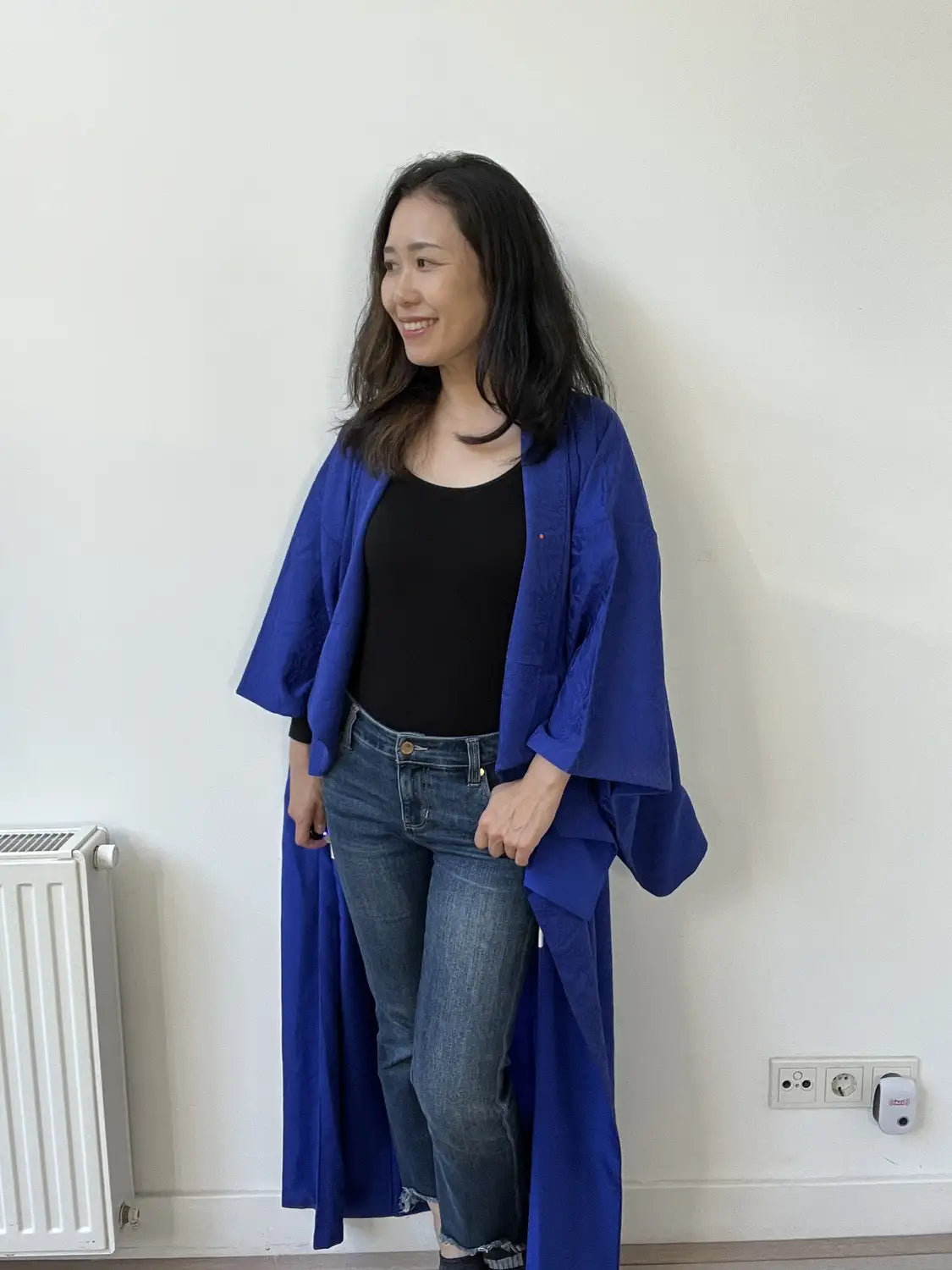 Vintage Iromuji-Kimono - Tiefblaues botanisches Blatt - Halleluja original arrangiert