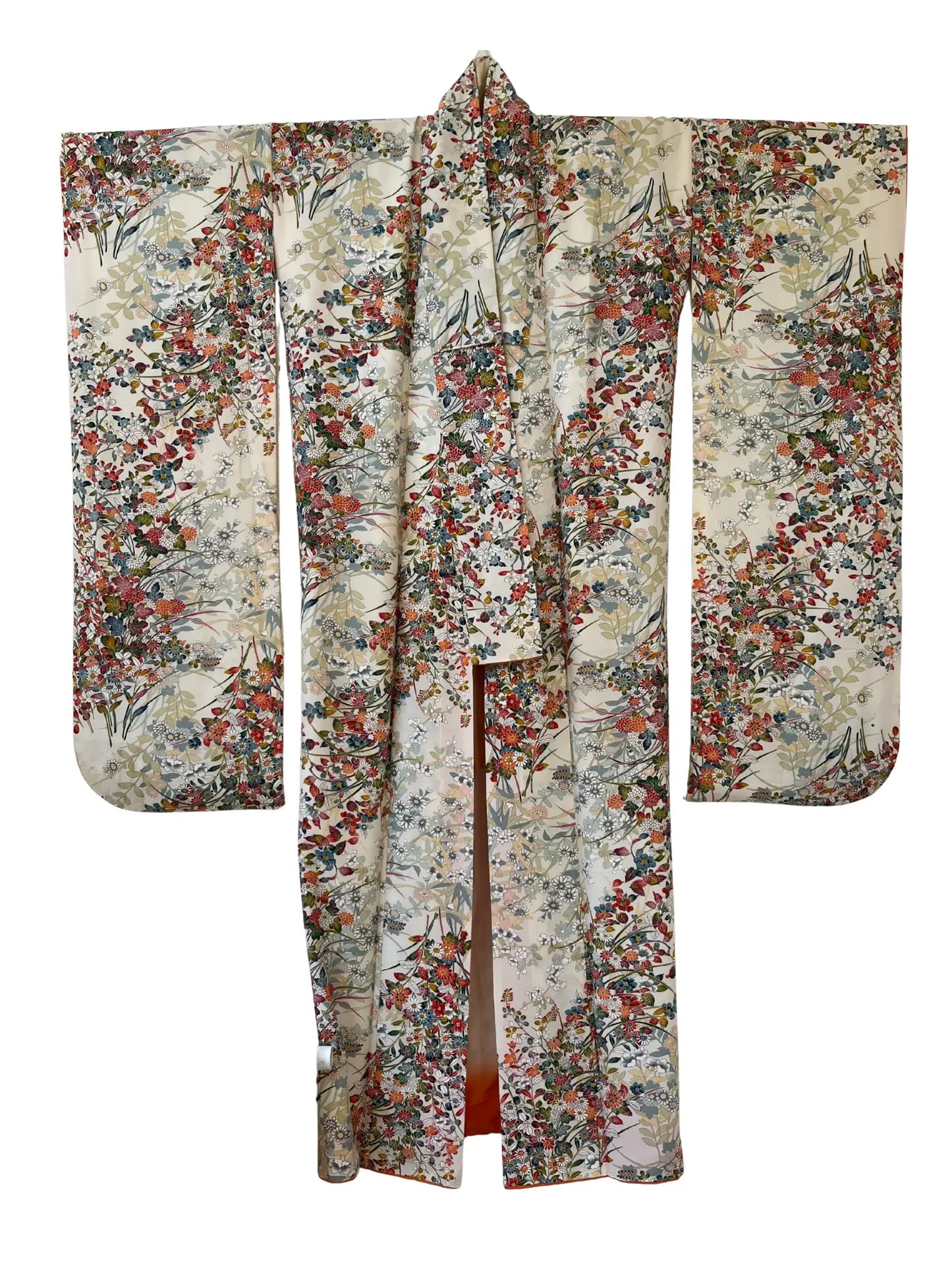 Vintage Furisode - Cremeweiße Blumen in Katazome-Färbung -