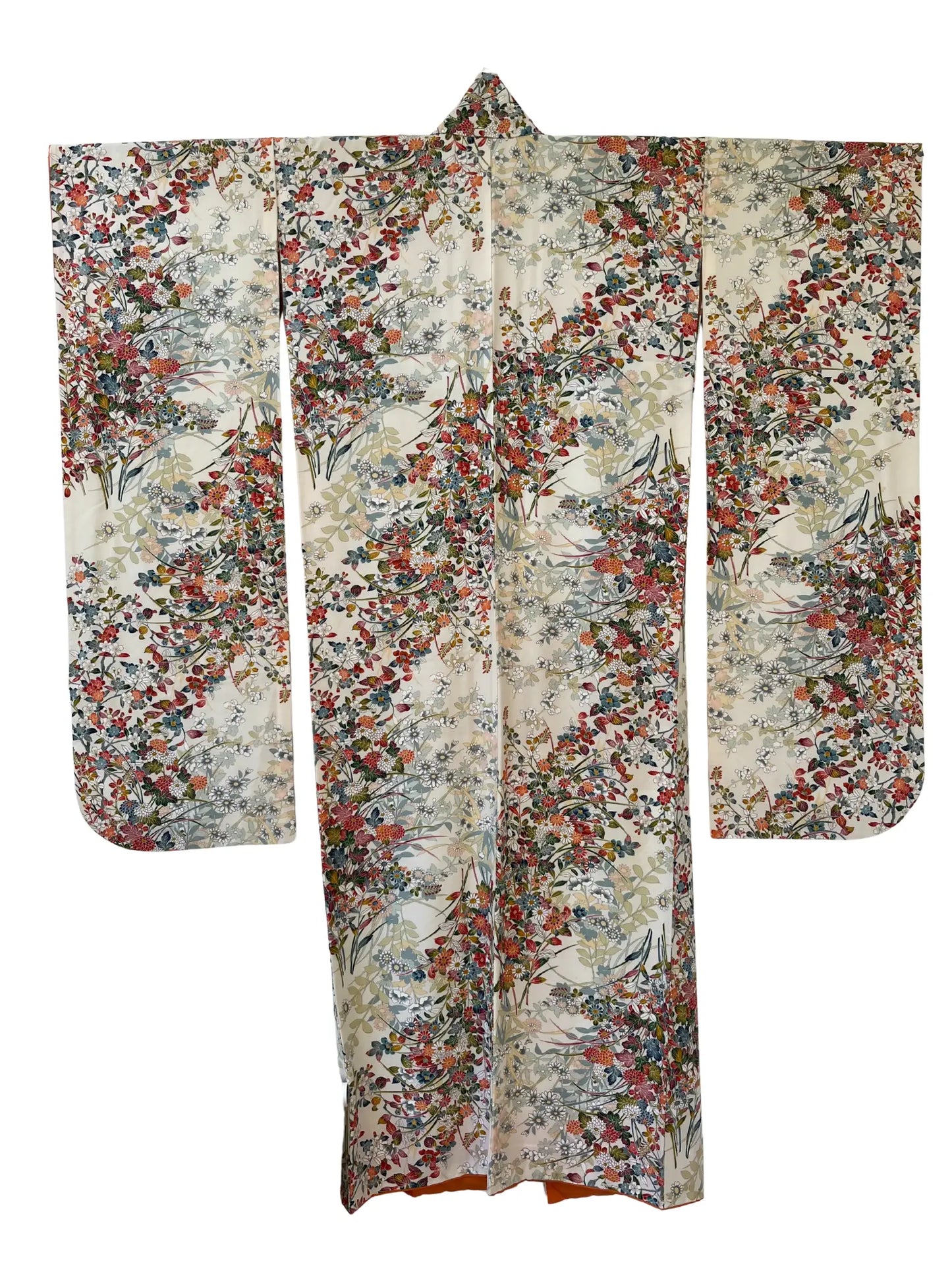 Vintage Furisode - Cremeweiße Blumen in Katazome-Färbung -