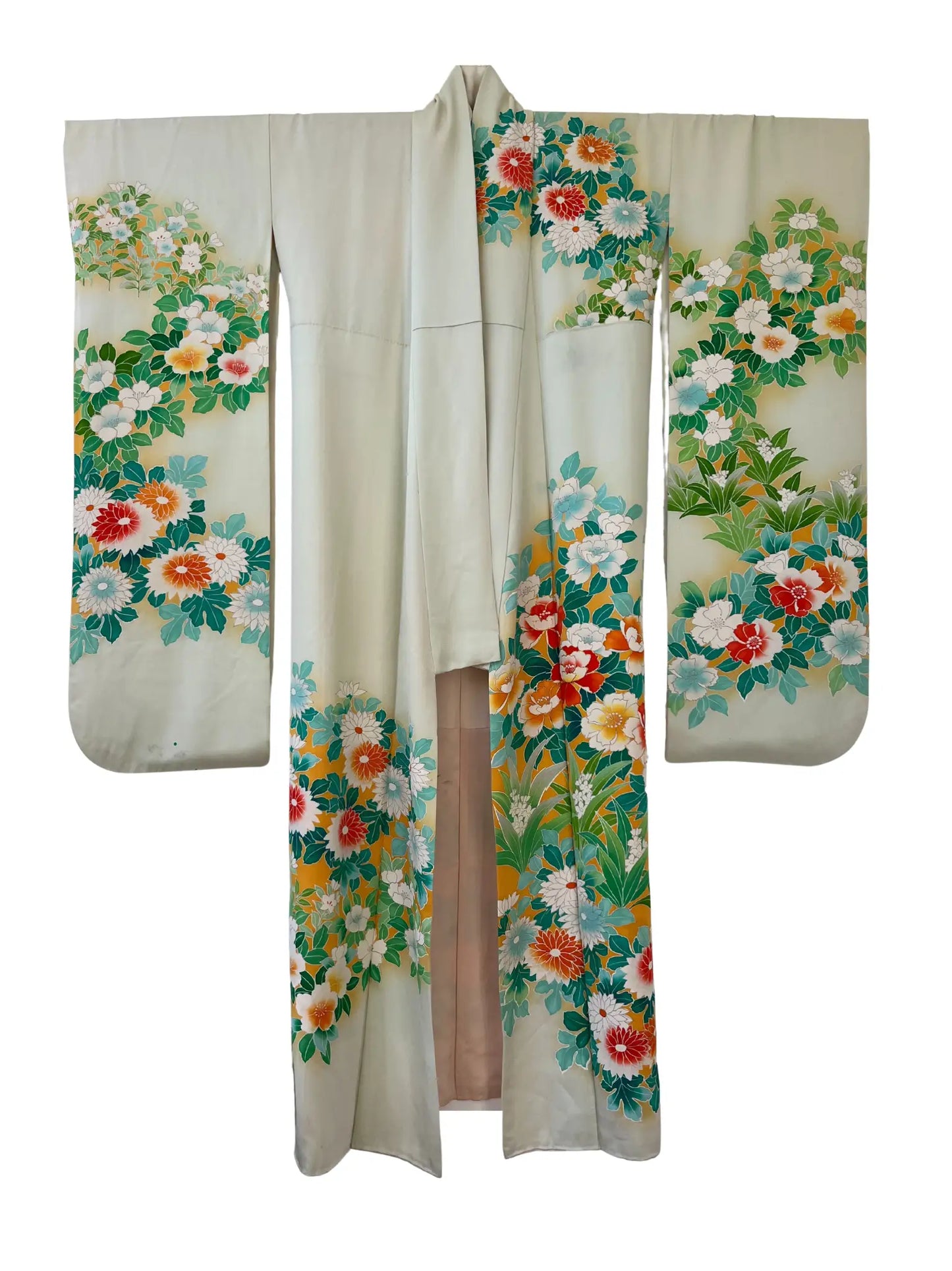 Furisode vintage - Flux de fleurs blanc-vert -
