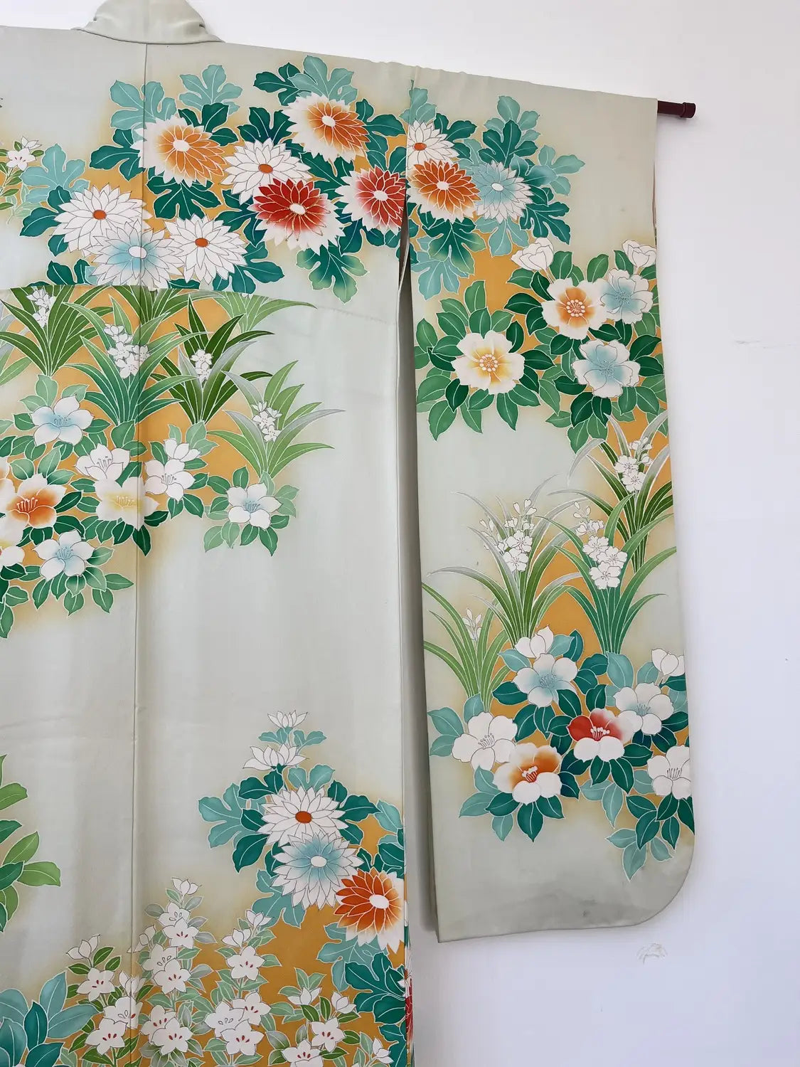 Furisode vintage - Flux de fleurs blanc-vert -