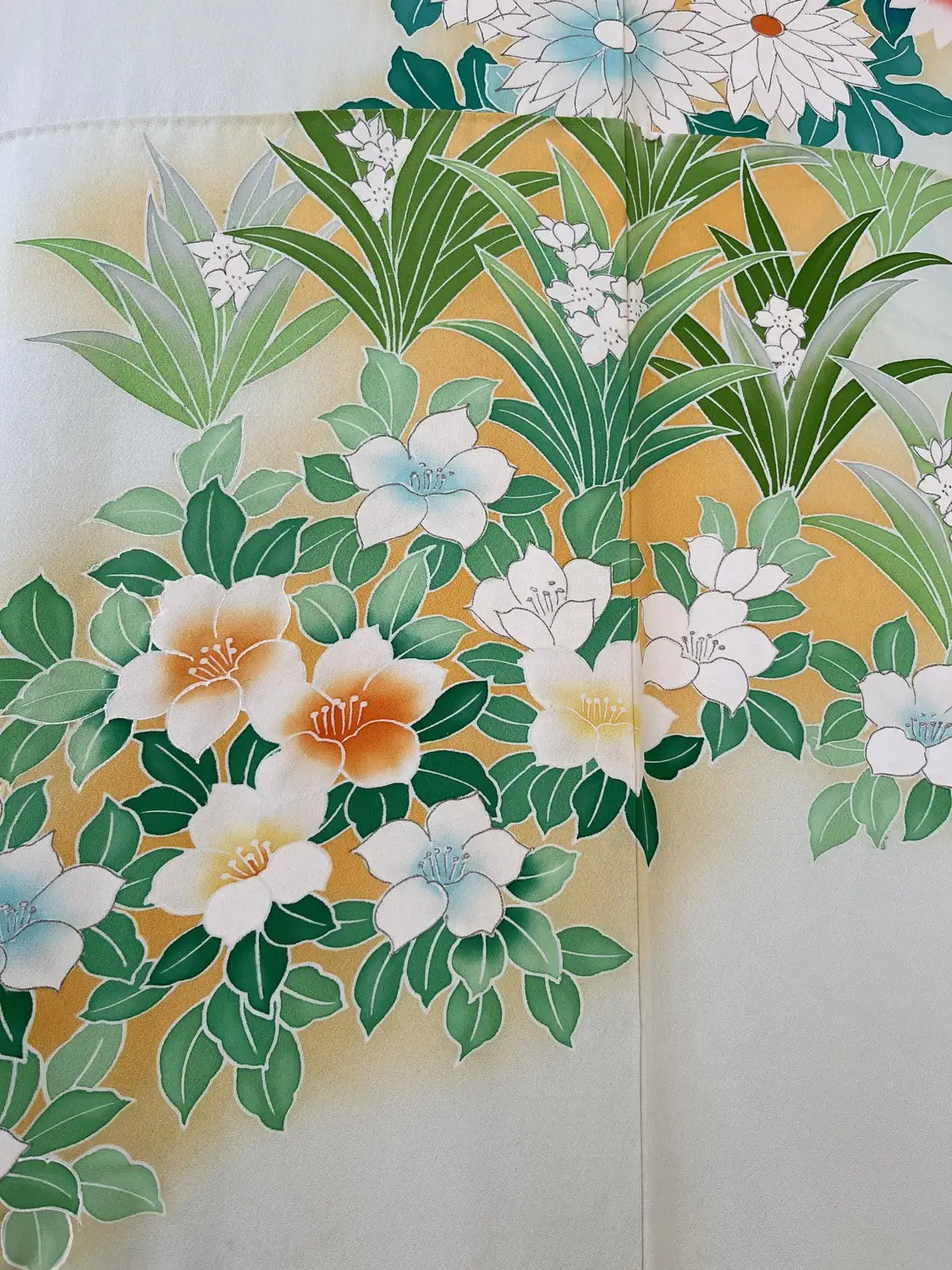 Furisode vintage - Flux de fleurs blanc-vert -