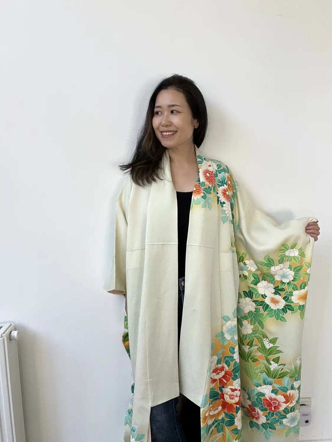 Furisode vintage - Flux de fleurs blanc-vert -