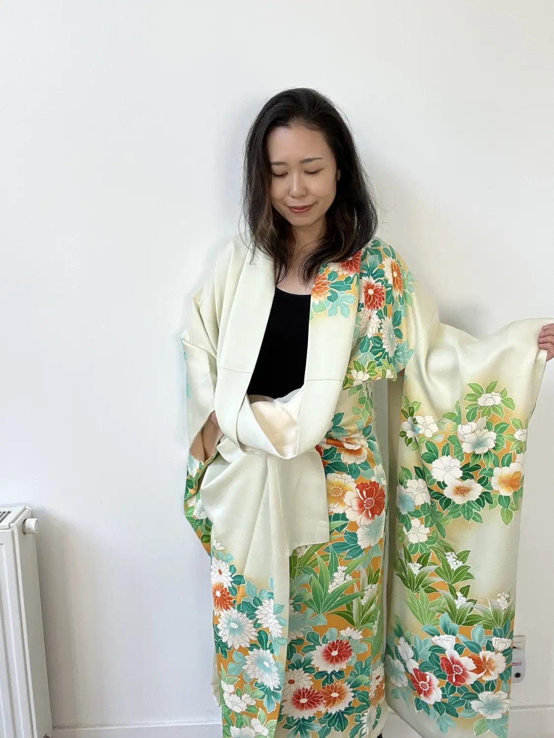 Furisode vintage - Flux de fleurs blanc-vert -