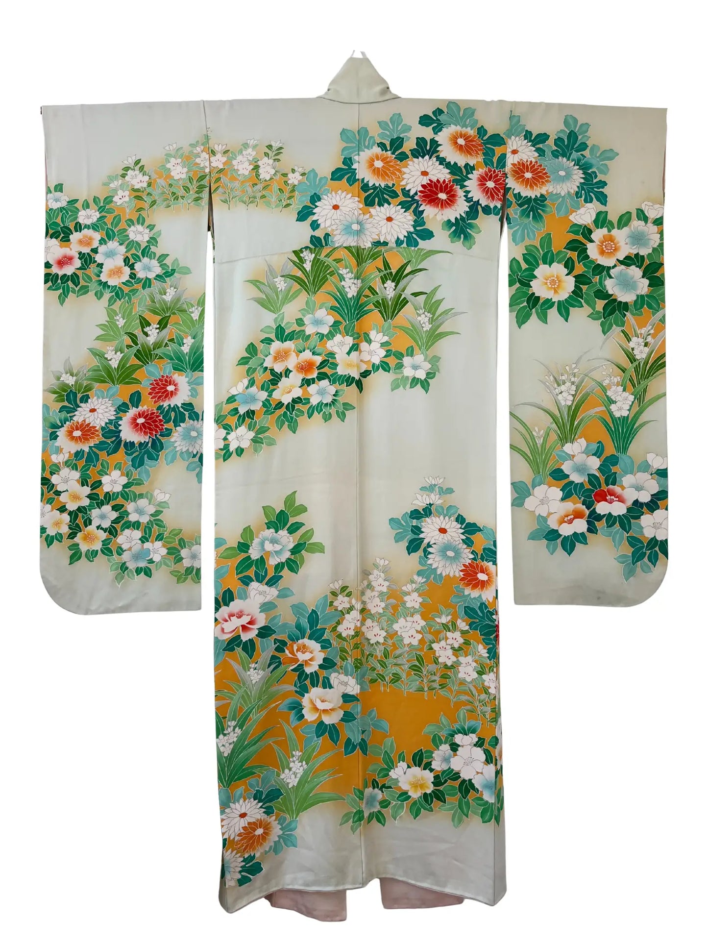 Furisode vintage - Flux de fleurs blanc-vert -
