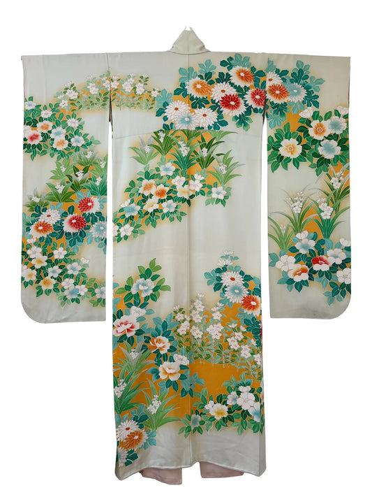 Vintage Furisode - Weißgrüner Blumenfluss -