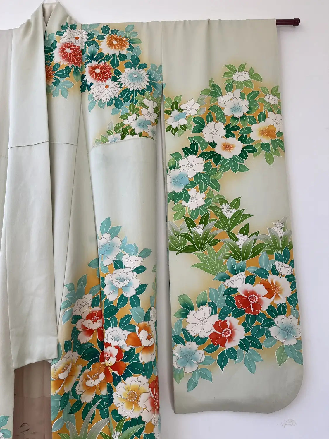 Furisode vintage - Flux de fleurs blanc-vert -