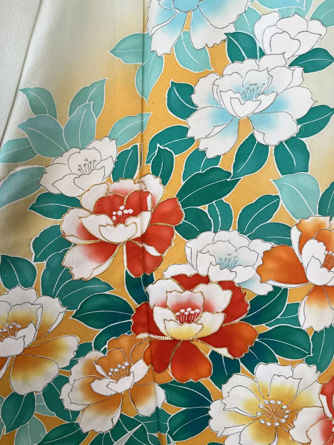 Furisode vintage - Flux de fleurs blanc-vert -