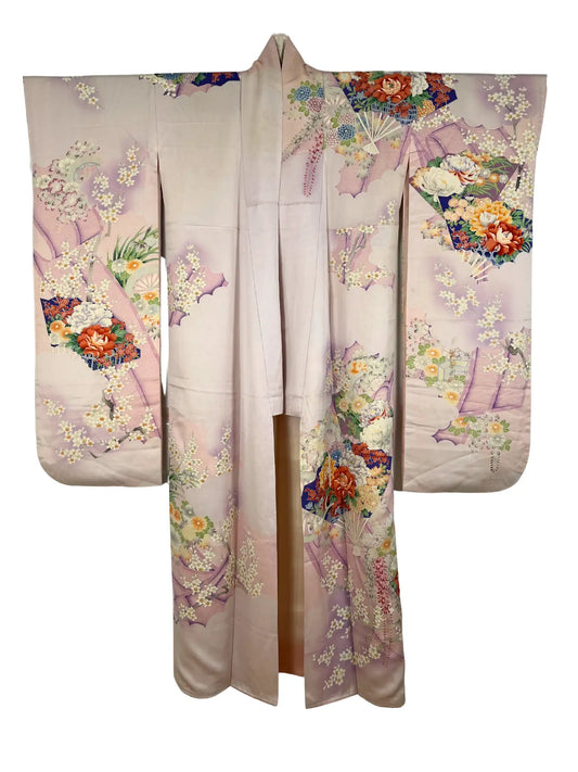 Vintage Furisode - WhitePurple Floral Fans in the Clouds -